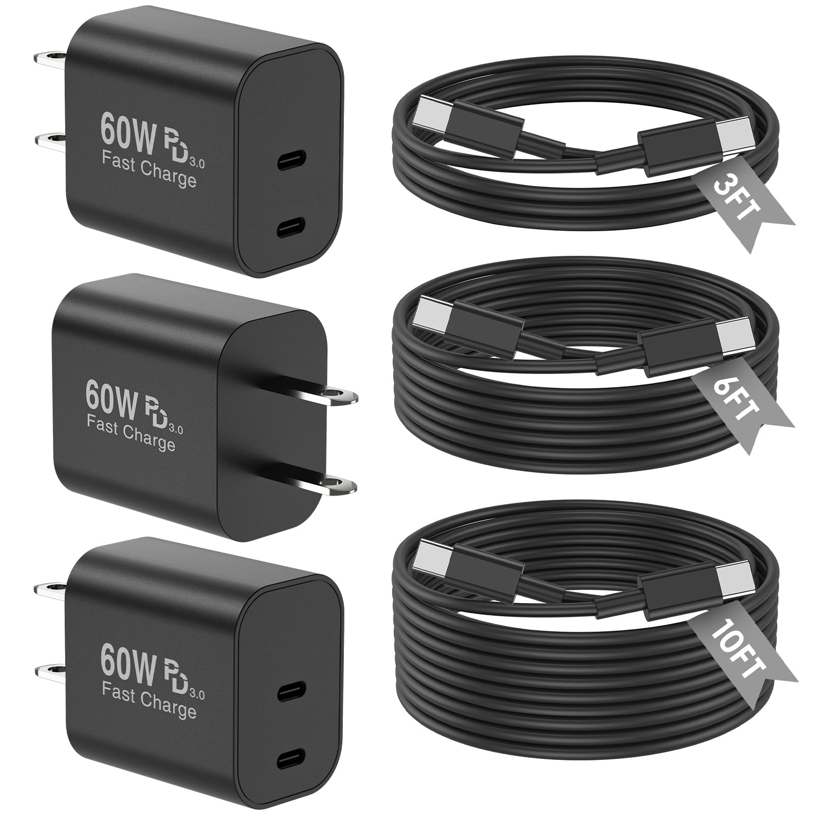 3Pack PD 3.0 Black Super Fast Charger USB C Dual Port Charger Block with 3Pack 60W [3FT+6FT+10FT] USB C to USB C Charger Cord fo