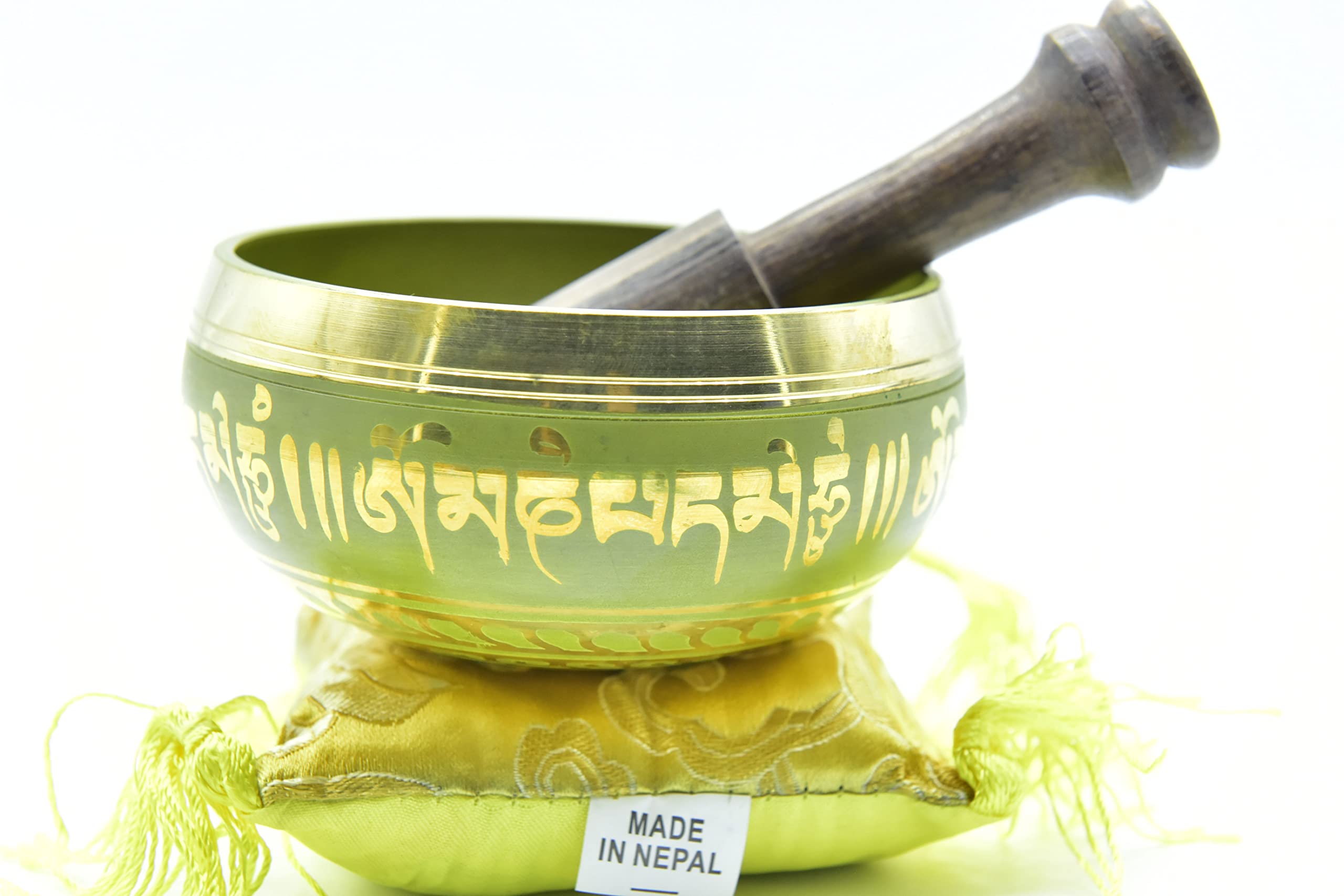 3.75'' Tibetan Meditation Yoga Singing Bowl Yellow Set With Free Wooden Mallet And Silk Cushion From Nepal, Singing Bowls.