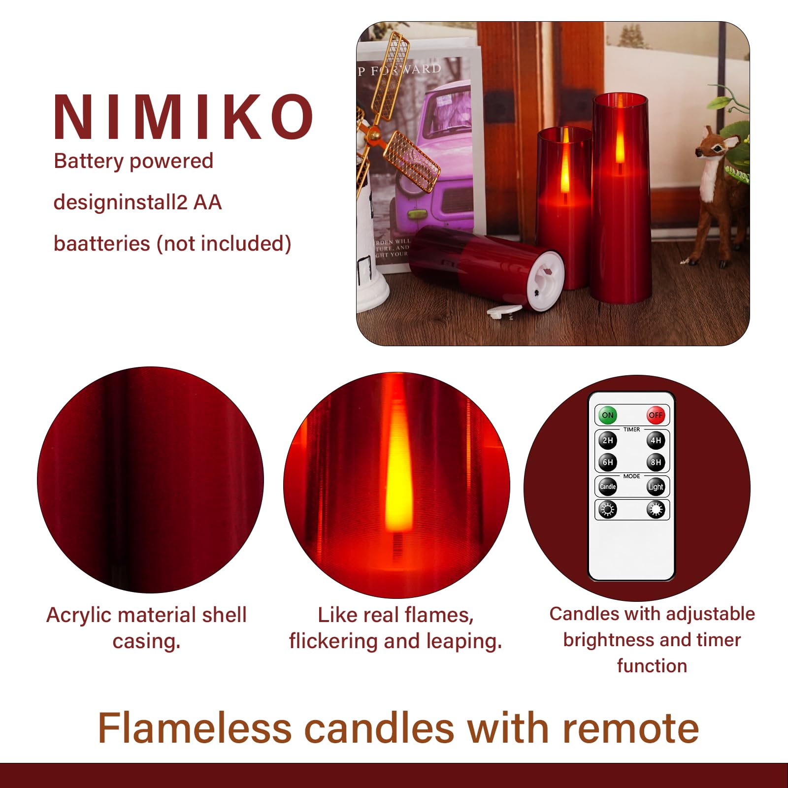 Nimiko Flickering Flameless Led Candles 7Pcs, Realistic Dancing Flame With Remote & Timer, Acrylic Electric Pillar Candles For F