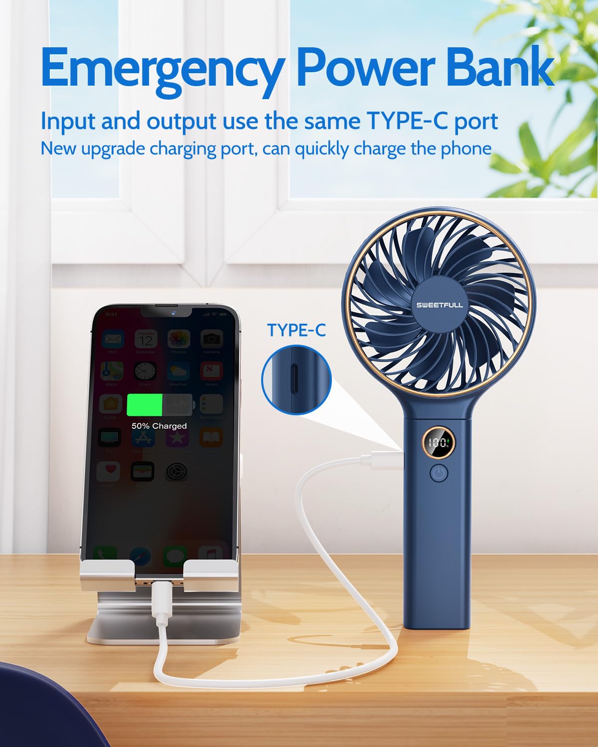 Sweetfull Handheld Fan,5000Mah Portable Fan Mini Fan Small Personal Fan With Backup Power,Desk Fan Hand Held Fan Rechargeable Ba