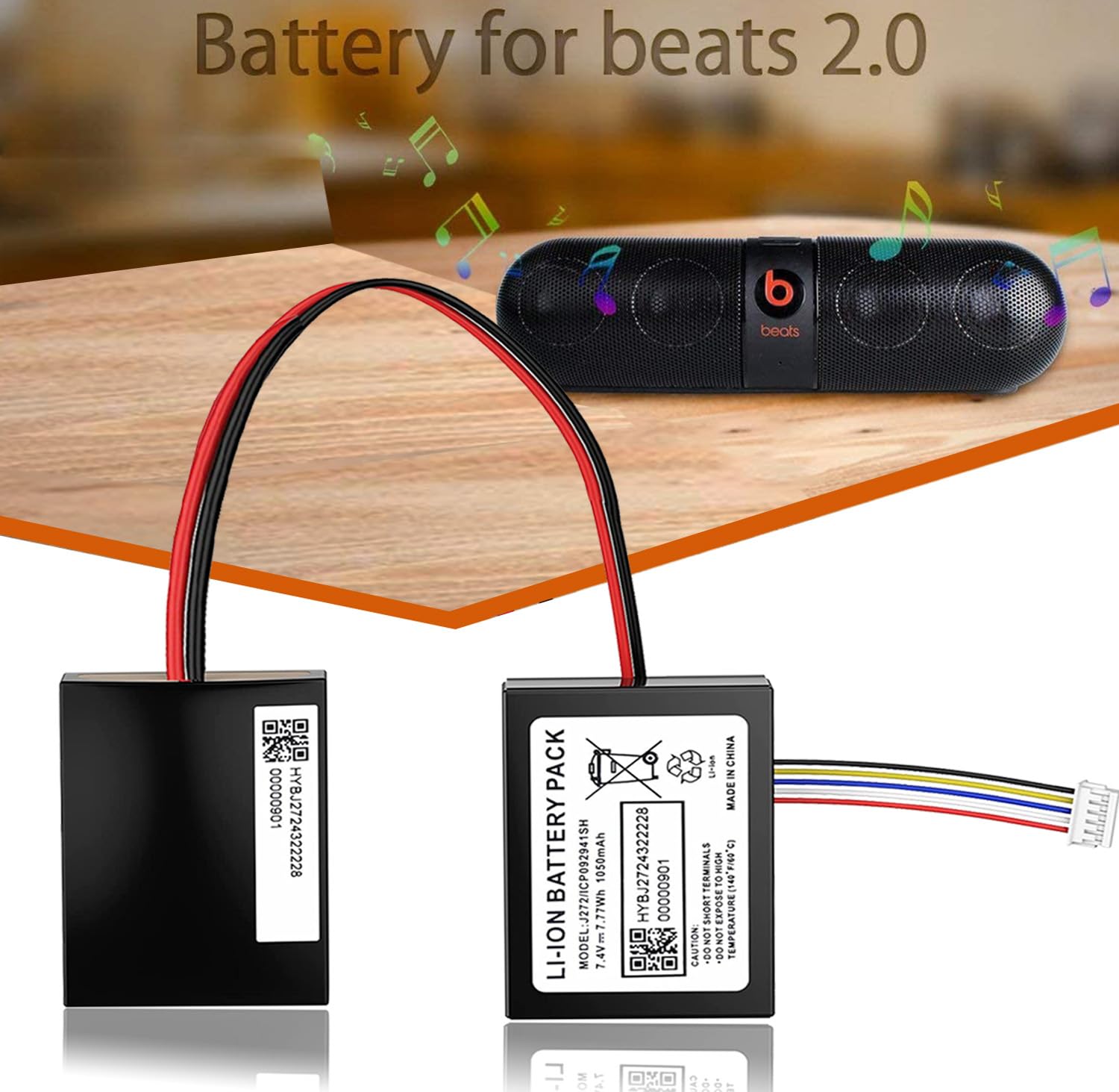 Hixon Replacement Battery For Beats Pill 2.0,Specially Designed 7.4V 1050Mah Li Ion Battery, Built In Intelligent Ic, Fits J272/