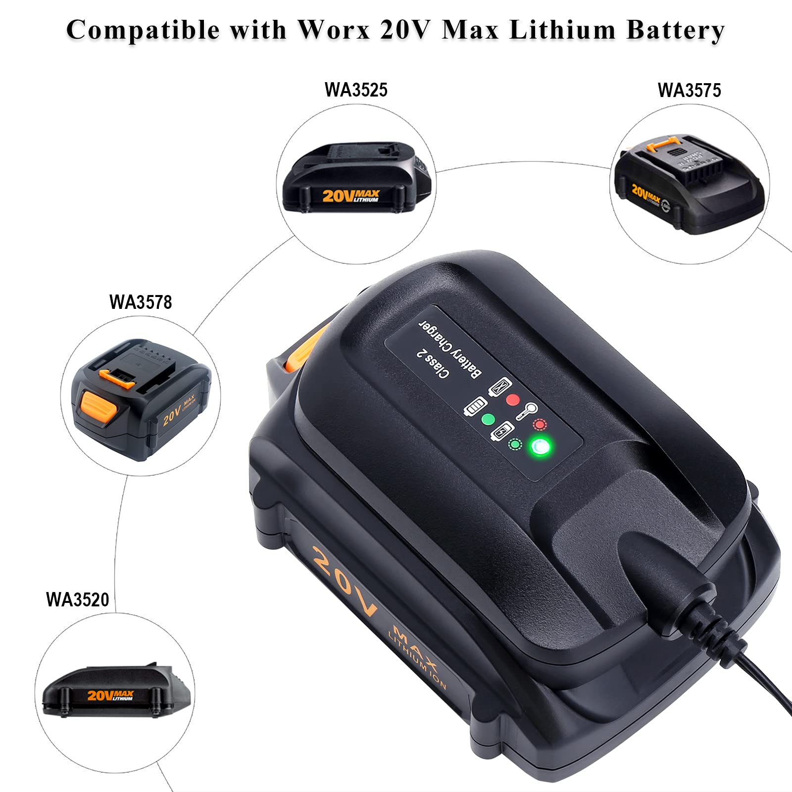 Elefly Wa3742 Compatible With Worx 20V Battery Charger Wa3732 Compatible With Worx 20V Lithium Battery Wa3525 Wa3520 Wa3575 Wa35