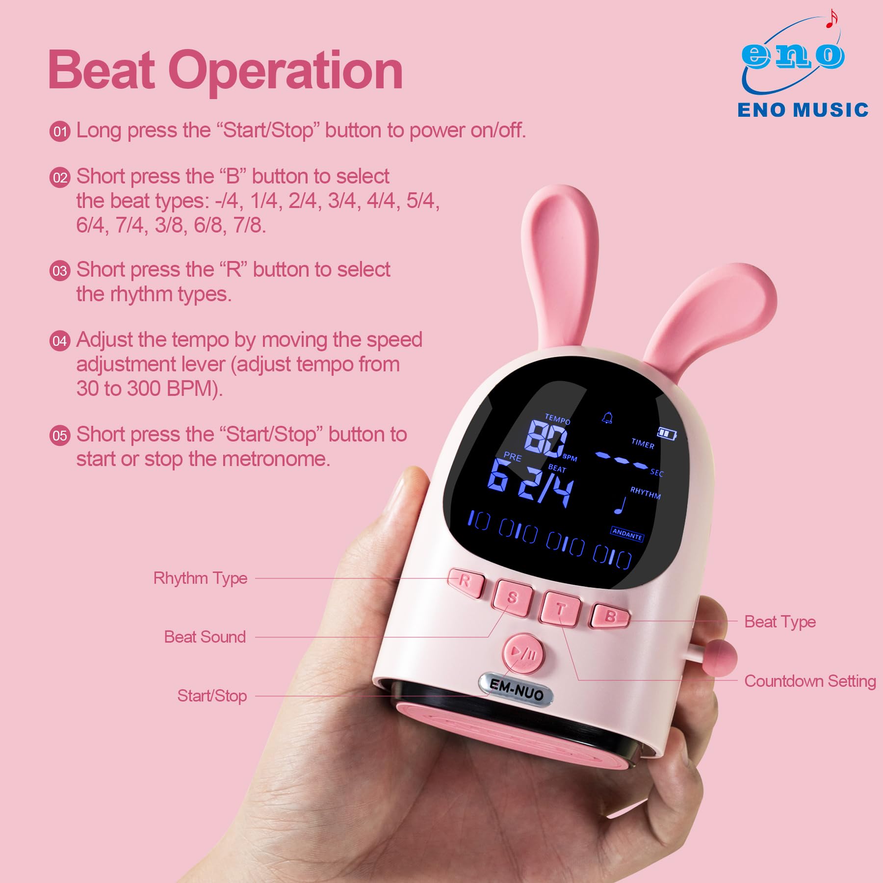 Eno Music Easy Control Rechargeable Electric Metronome For Acoustic Guitar Violin Ukulele Players With Big Sound