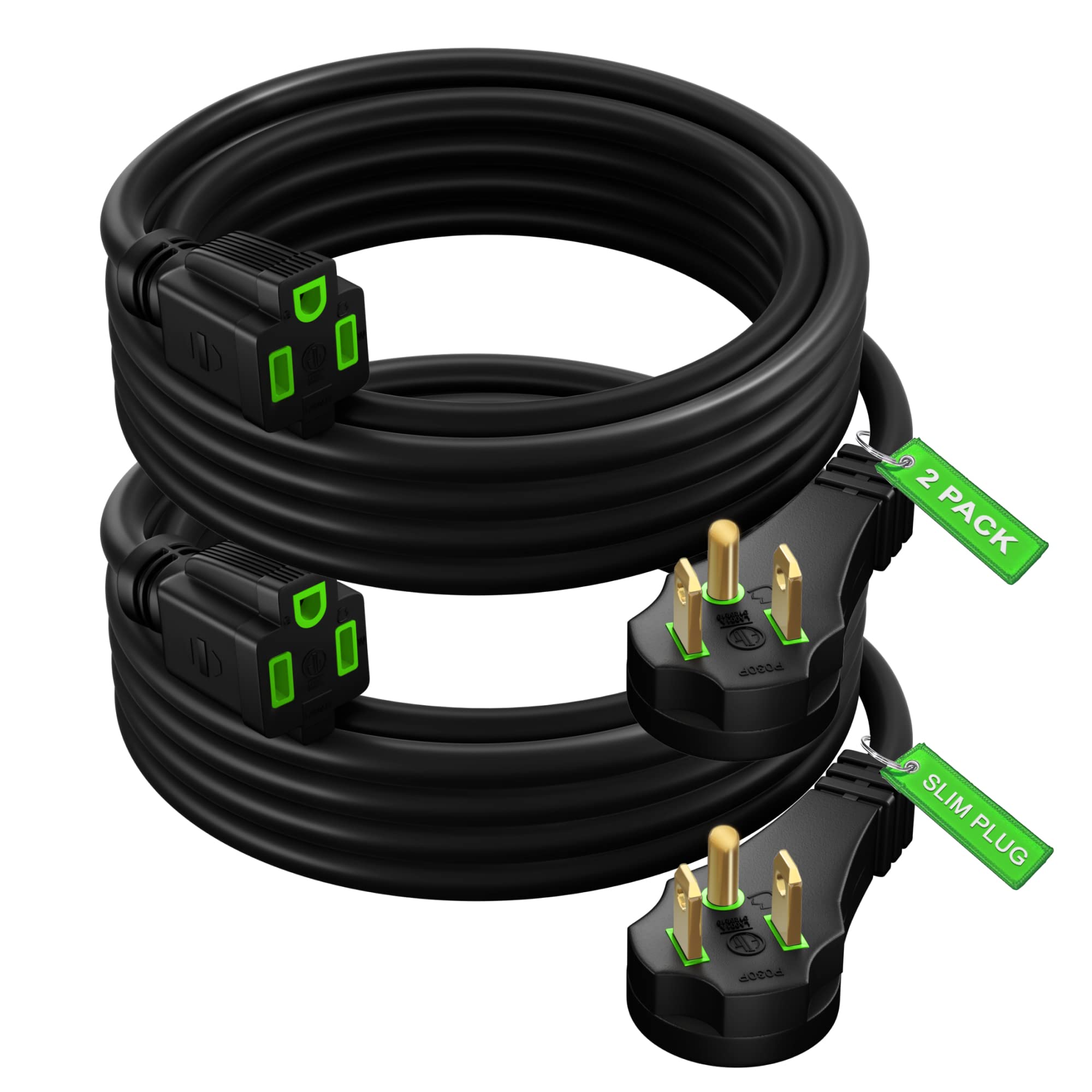 Maximm Flat Plug Extension Cord 8 Ft With Slim Space Saving Plug Design, Low Profile Extension Cord 16Awg (Black, 2 Pack)
