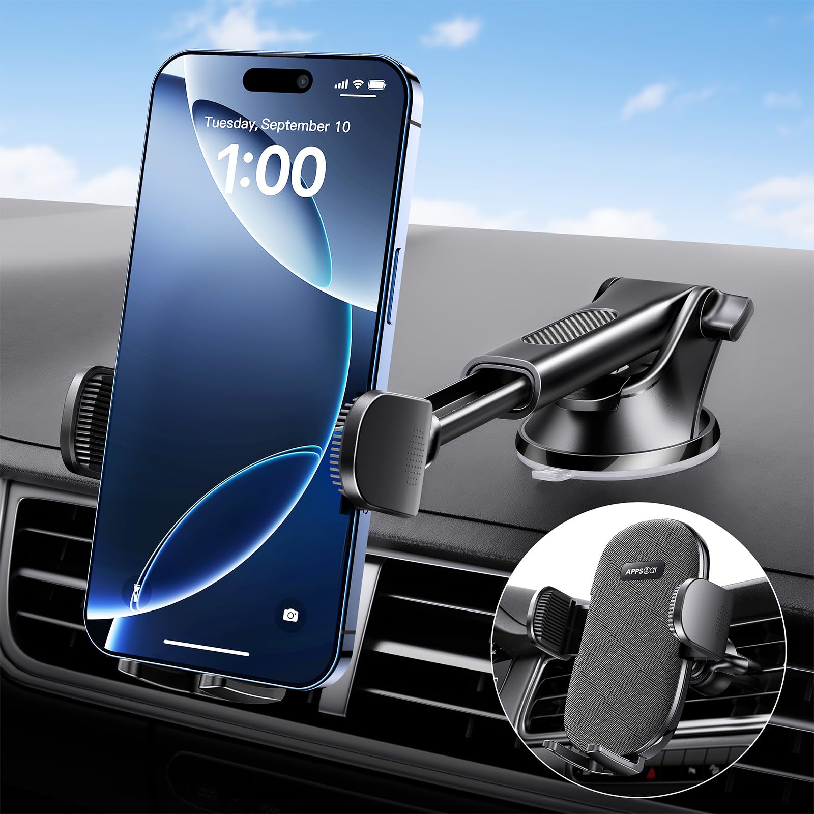 APPS2Car Suction Cup Phone Mount, Windshield/Dashboard/Air Vent Car Phone Holder Mount with Sticky Gel Pad, Compatible with iPho