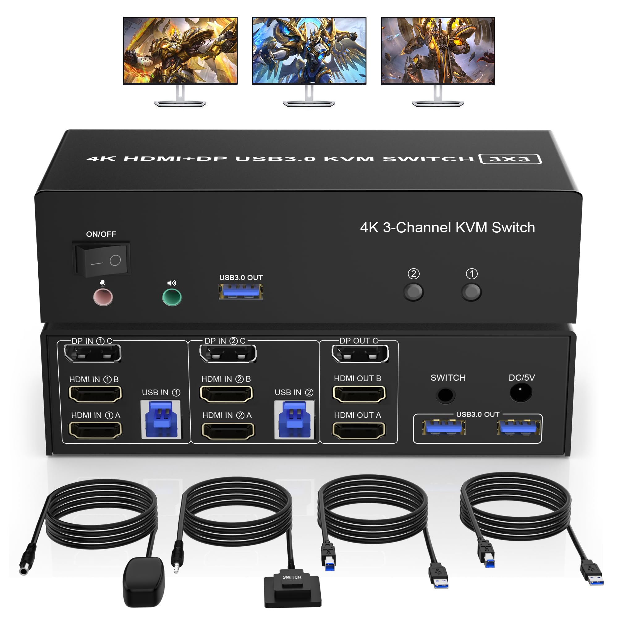 2 Hdmi + 1 Displayport Kvm Switch 3 Monitor 2 Computers, 4K@60Hz Triple Monitor Kvm Switch With Audio And 3 Usb 3.0 Ports, 2 Com