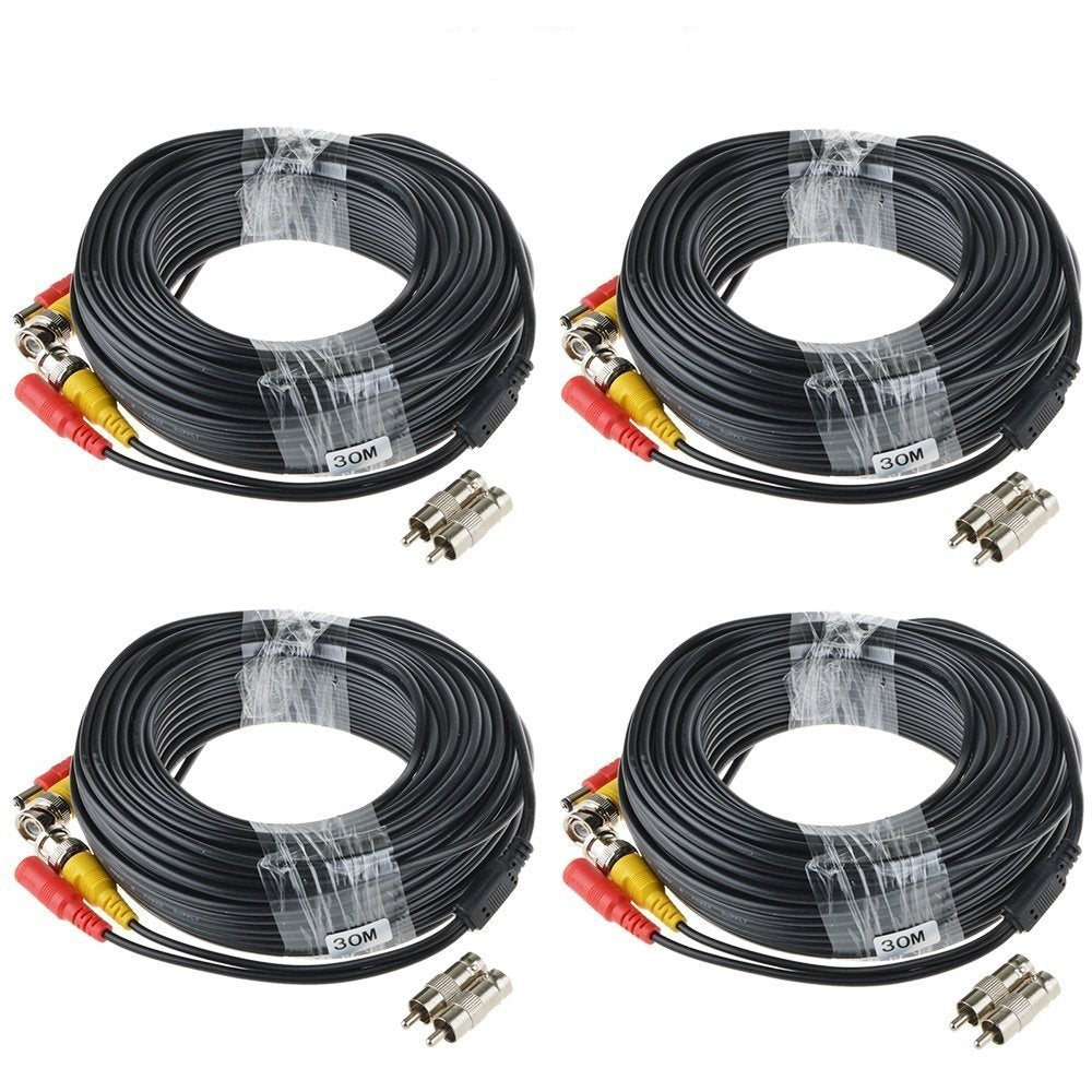 Ablegrid� 4 Pack 100Ft Bnc Video Power Cable Security Camera Cable Wire Cord For Cctv Dvr Surveillance System (Included 2X Bnc To Rca Connectors With Each Cable)