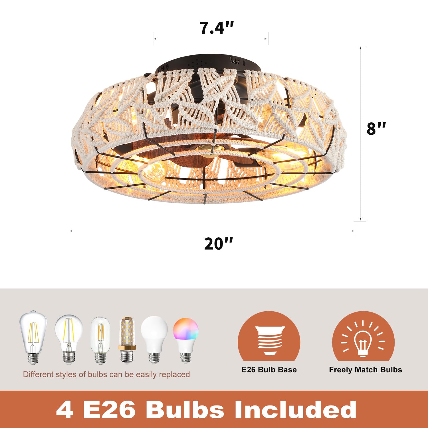 Xudom Boho Caged Ceiling Fans With Lights And Remote 20'' Flush Mount 6 Speed Reversible Enclosed Low Profile Handmade Cotton Ro