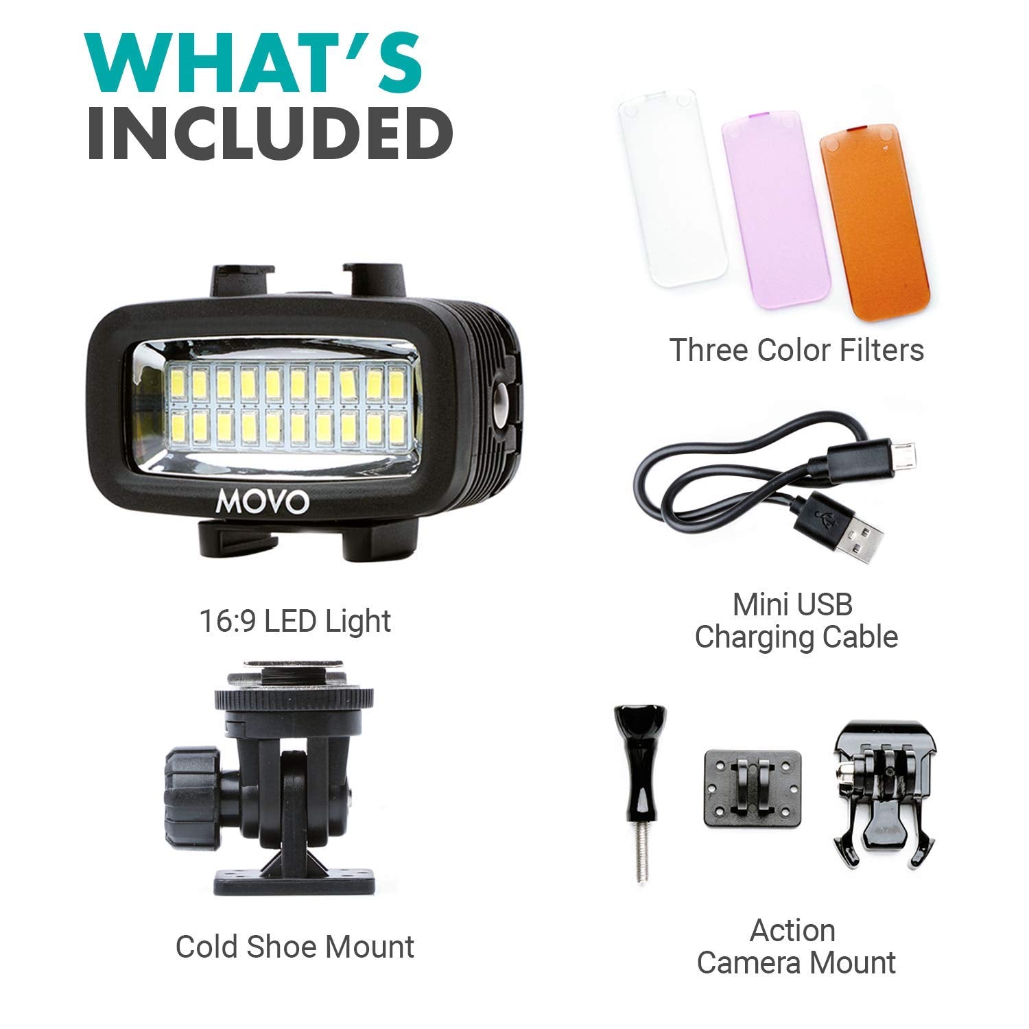 Movo Led Wp Underwater High Power Rechargeable Led Video Light With Action Camera And Shoe Mounts, Compatible With Gopro, Dslr