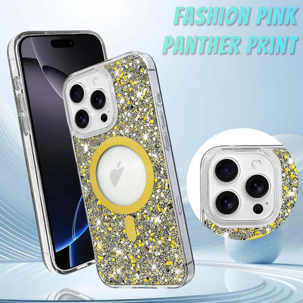 Bonoma For Iphone 16 Pro Max Case, Gold Glitter Bling Back, Magnetic Support For Magsafe Shockproof Case, Crystal And Clear High