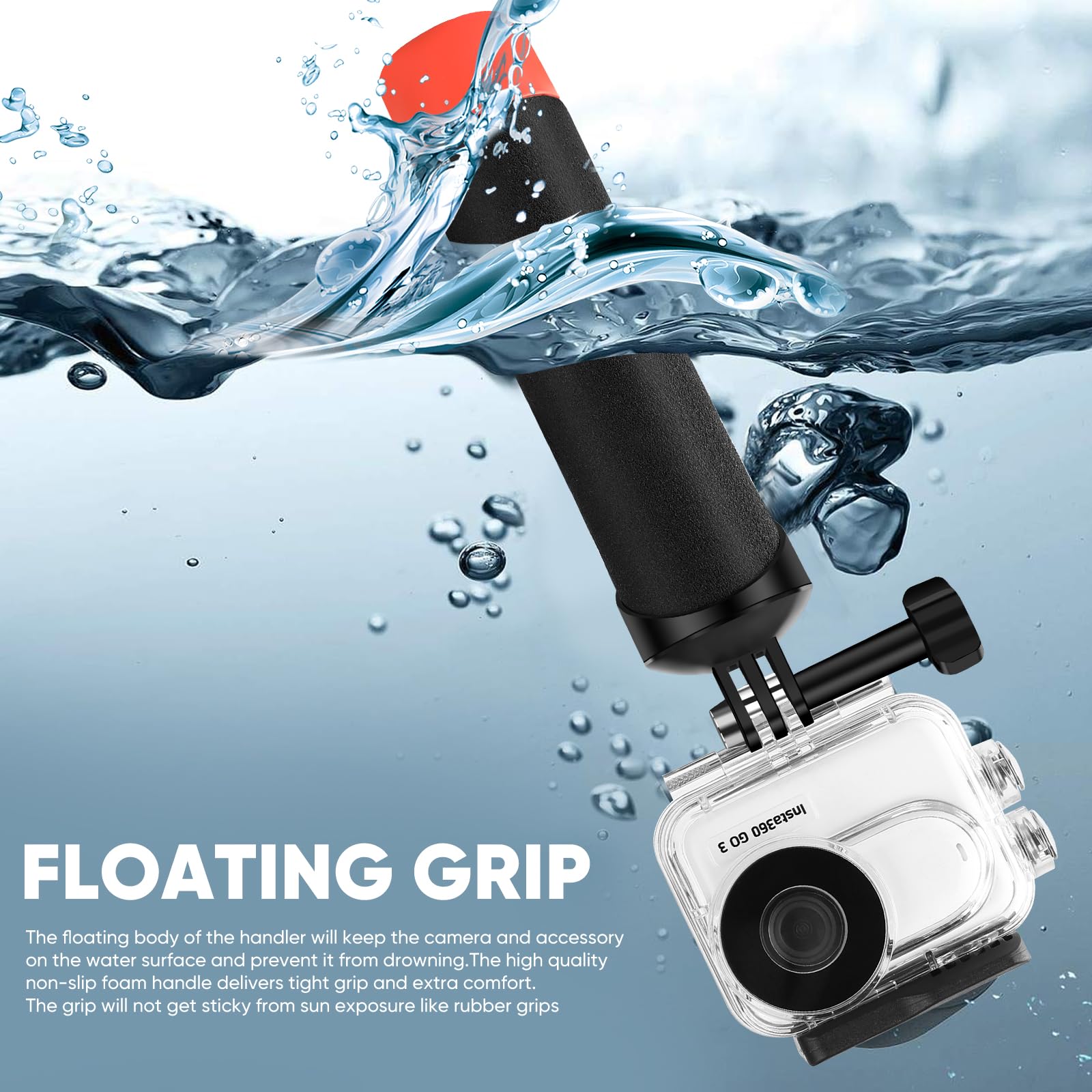 Lewote Waterproof Case&Floating Hand Grip Compatible With Insta360 Go 3, Protective Underwater Dive Housing Shell With Bracket A