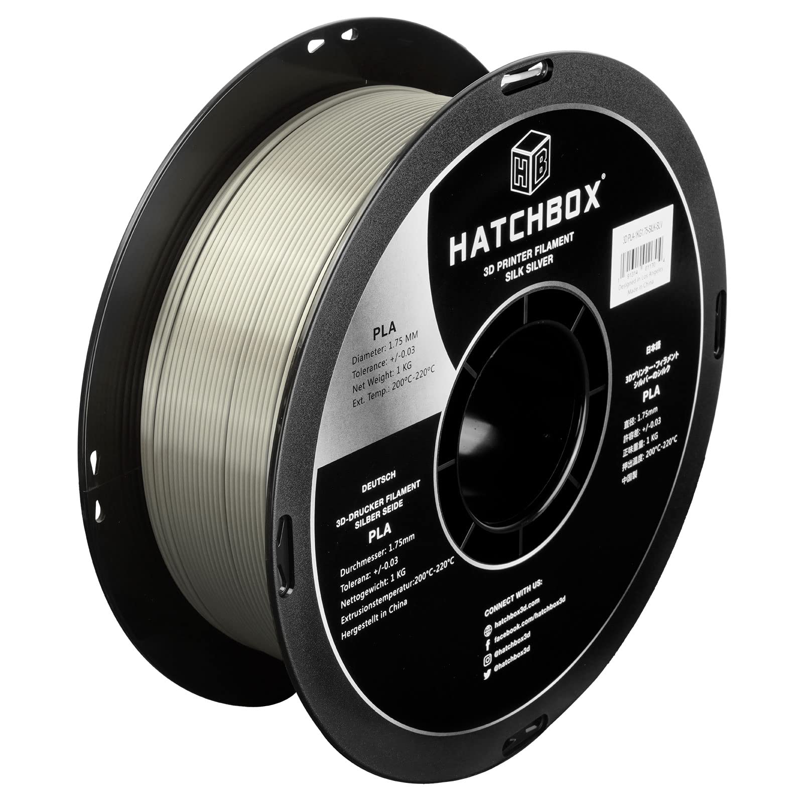 HATCHBOX 1.75mm Silk Silver PLA 3D Printer Filament, 1 KG Spool, Dimensional Accuracy +/- 0.03 mm, 3D Printing Filament
