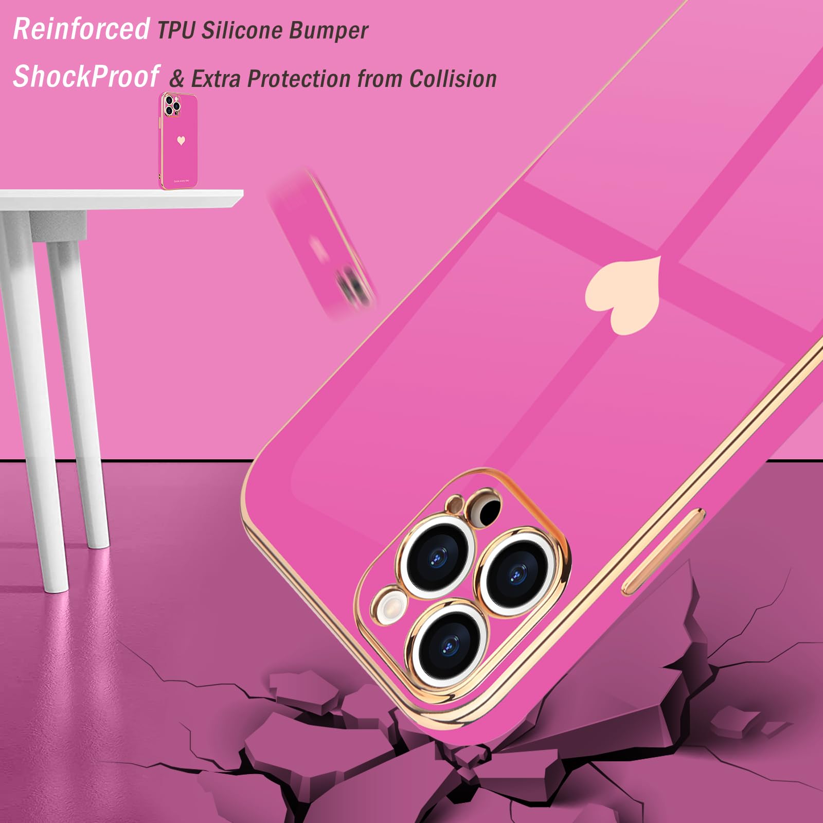 Teageo Compatible With Iphone 13 Pro Max Case For Girl Women Cute Love Heart Luxury Bling Plating Soft Back Cover Raised Camera