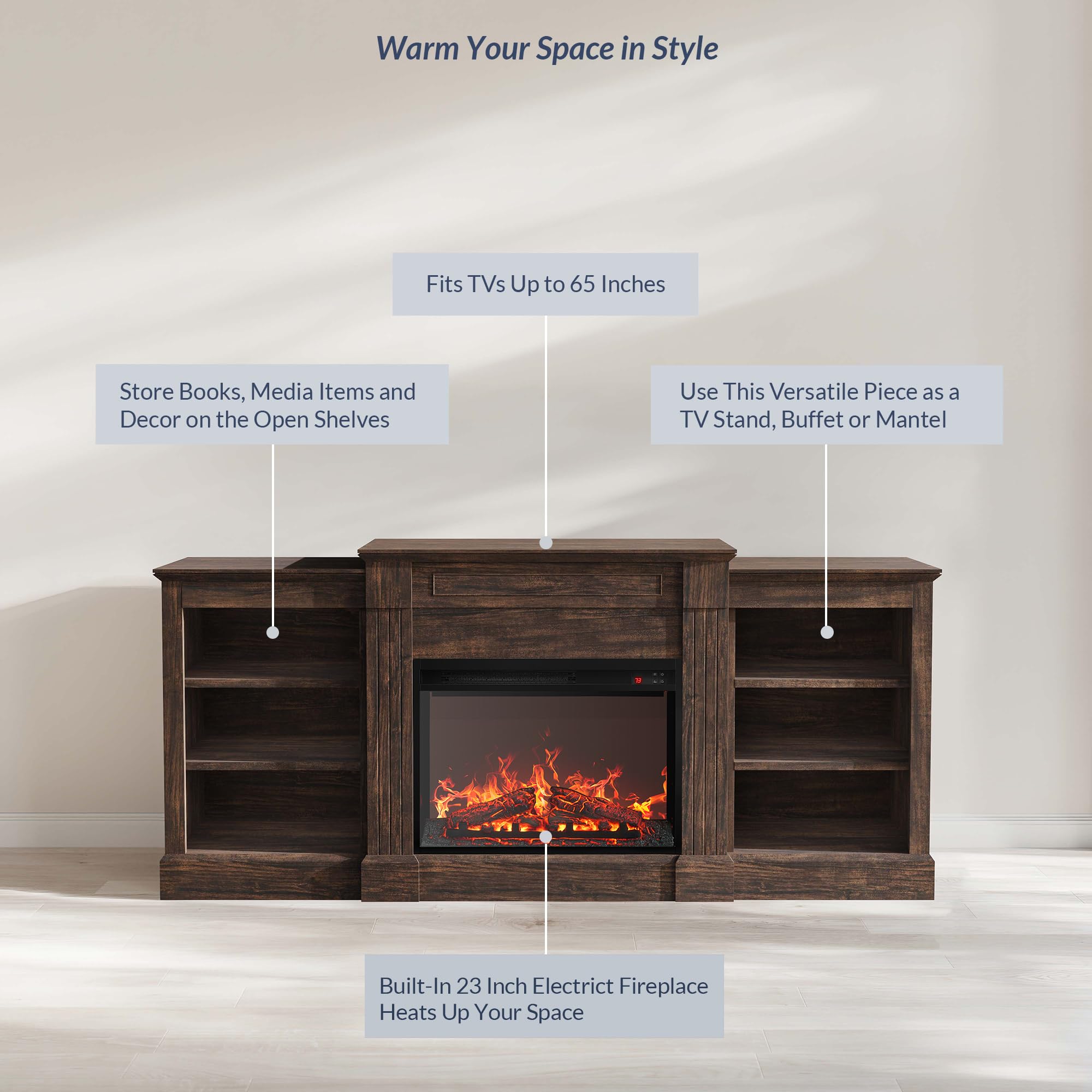 Belleze Modern 66'' Electric Fireplace Heater Mantel Tv Stand & Media Entertainment Center For Tvs Up To 66'' With Energy Effici