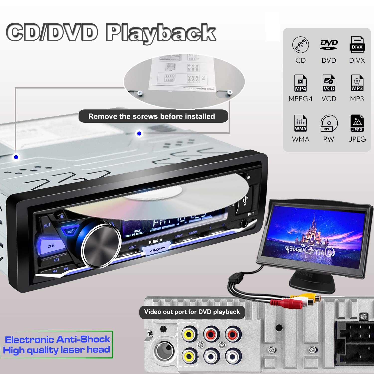 Hengweili Single Din Car Stereo Cd Dvd Bluetooth Usb Player Audio Receiver Am/Fm Radio App Control Mp3 Sd Aux