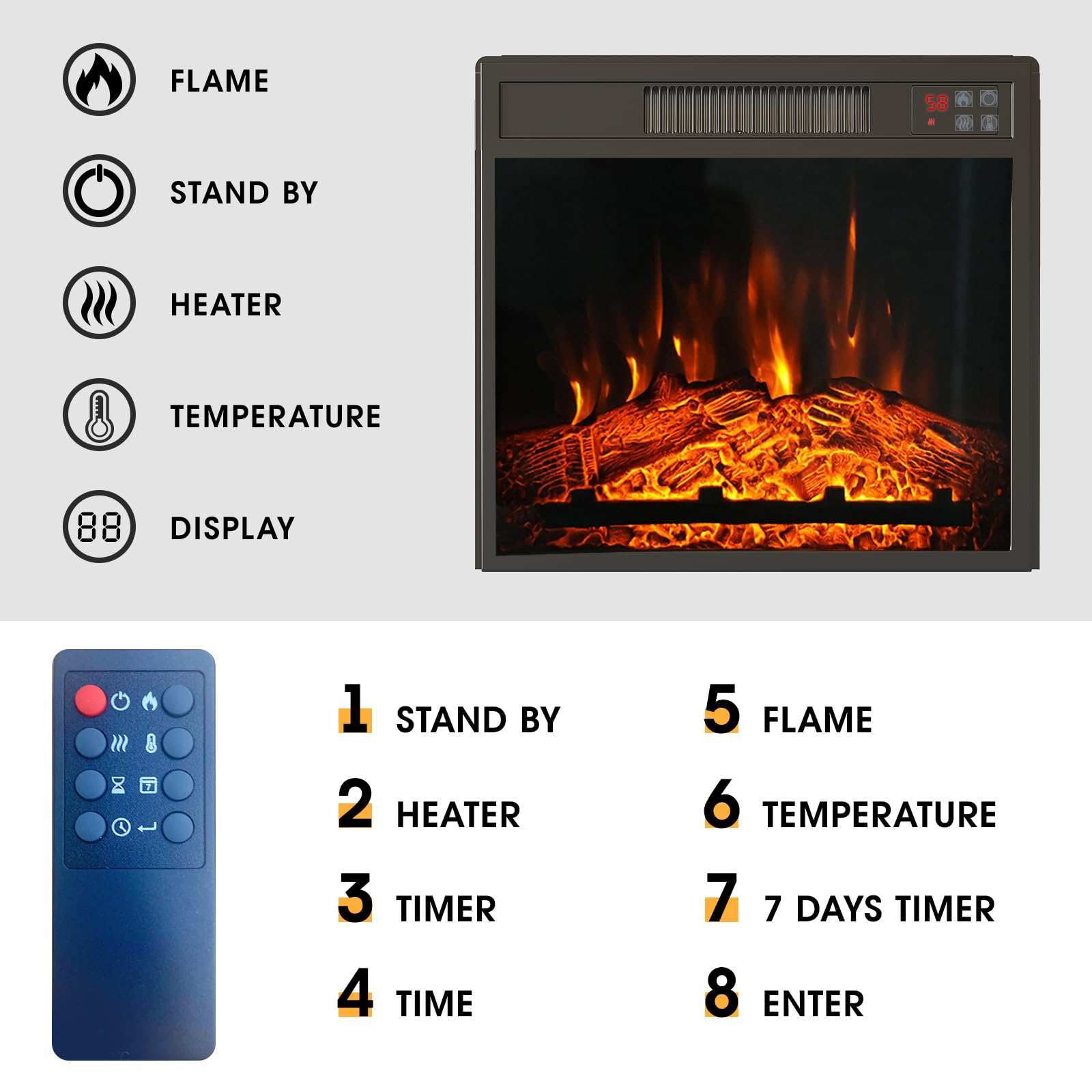 23'' Electric Fireplace Insert, Recessed Fireplace Heater With Low Noise, Remote Control With Timer, Touch Screen, Adjustable Fl