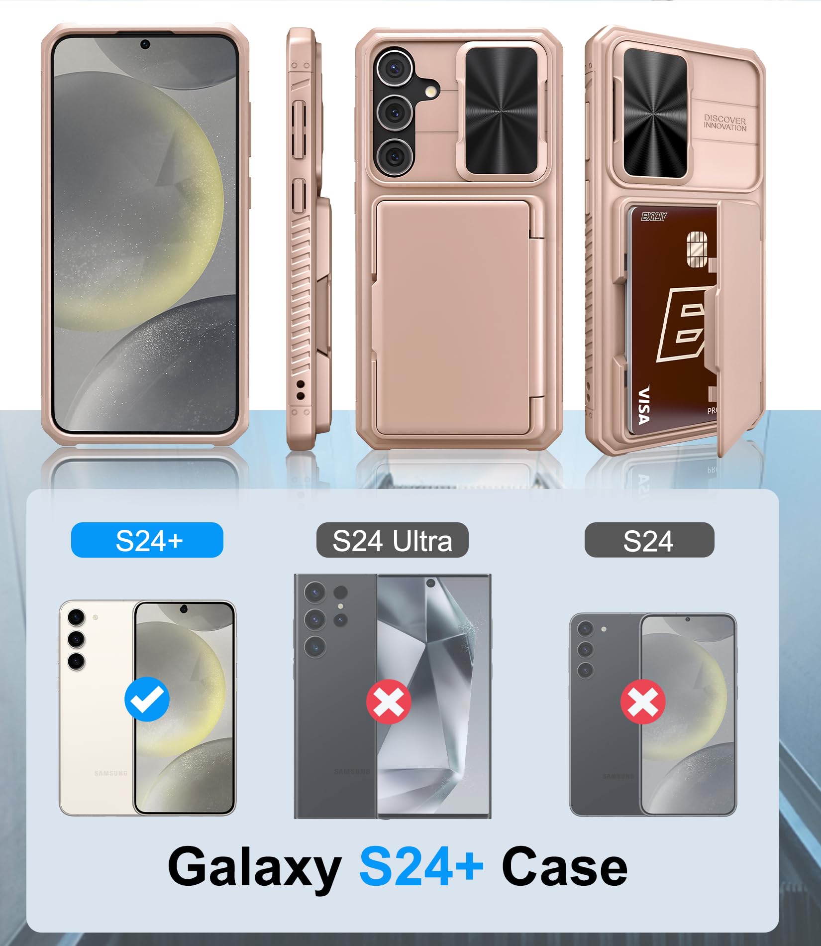 Bxyjy For Samsung Galaxy S24+ Plus Case With Card Holder (4 5 Cards) & Slide Camera Cover, Military Grade Drop Protection, Women