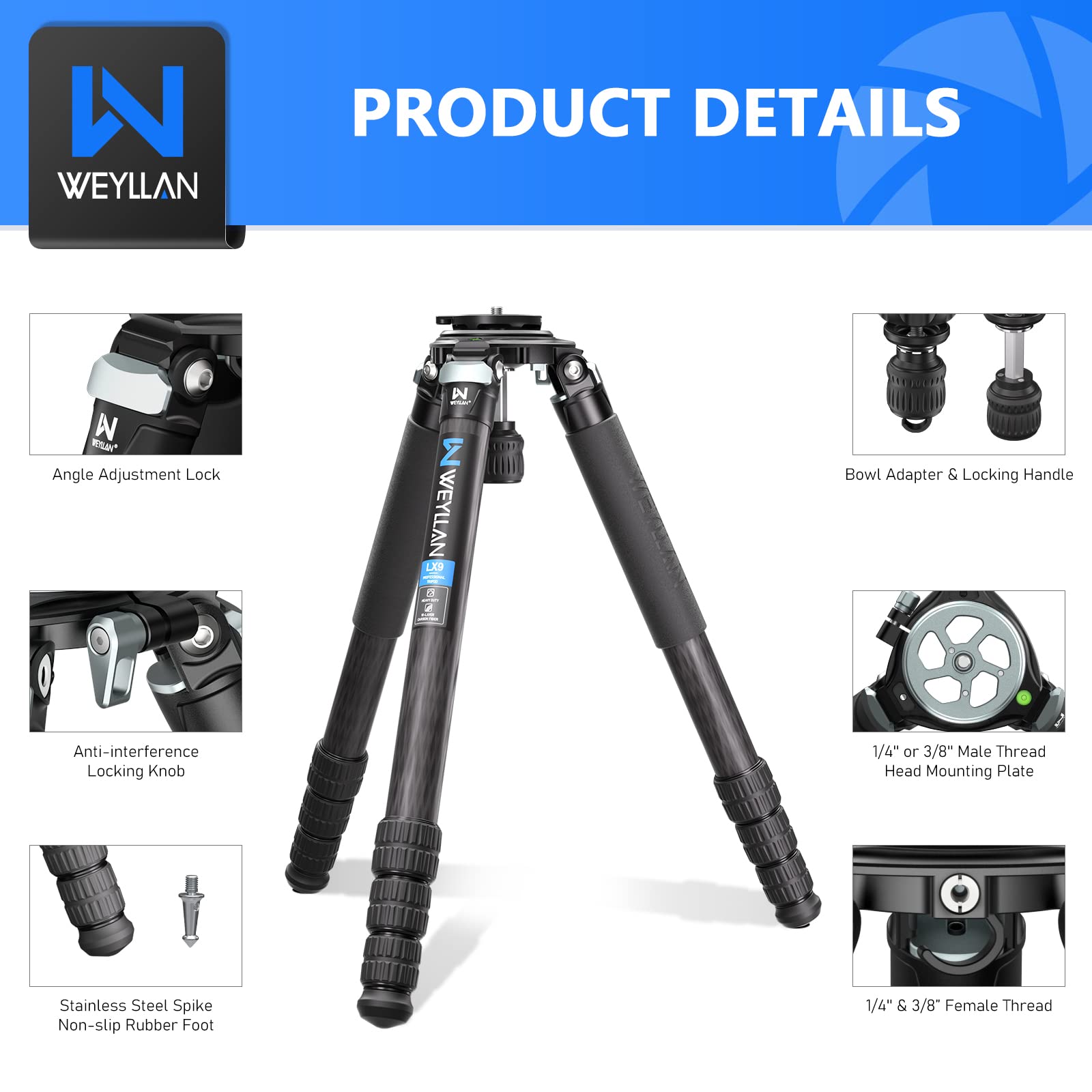 Carbon Fiber Tripod Weyllan Lx9 Heavy Duty Tripod For Camera, Professional Tripod With 75Mm Bowl And Adapter, 10 Layers Carbon F