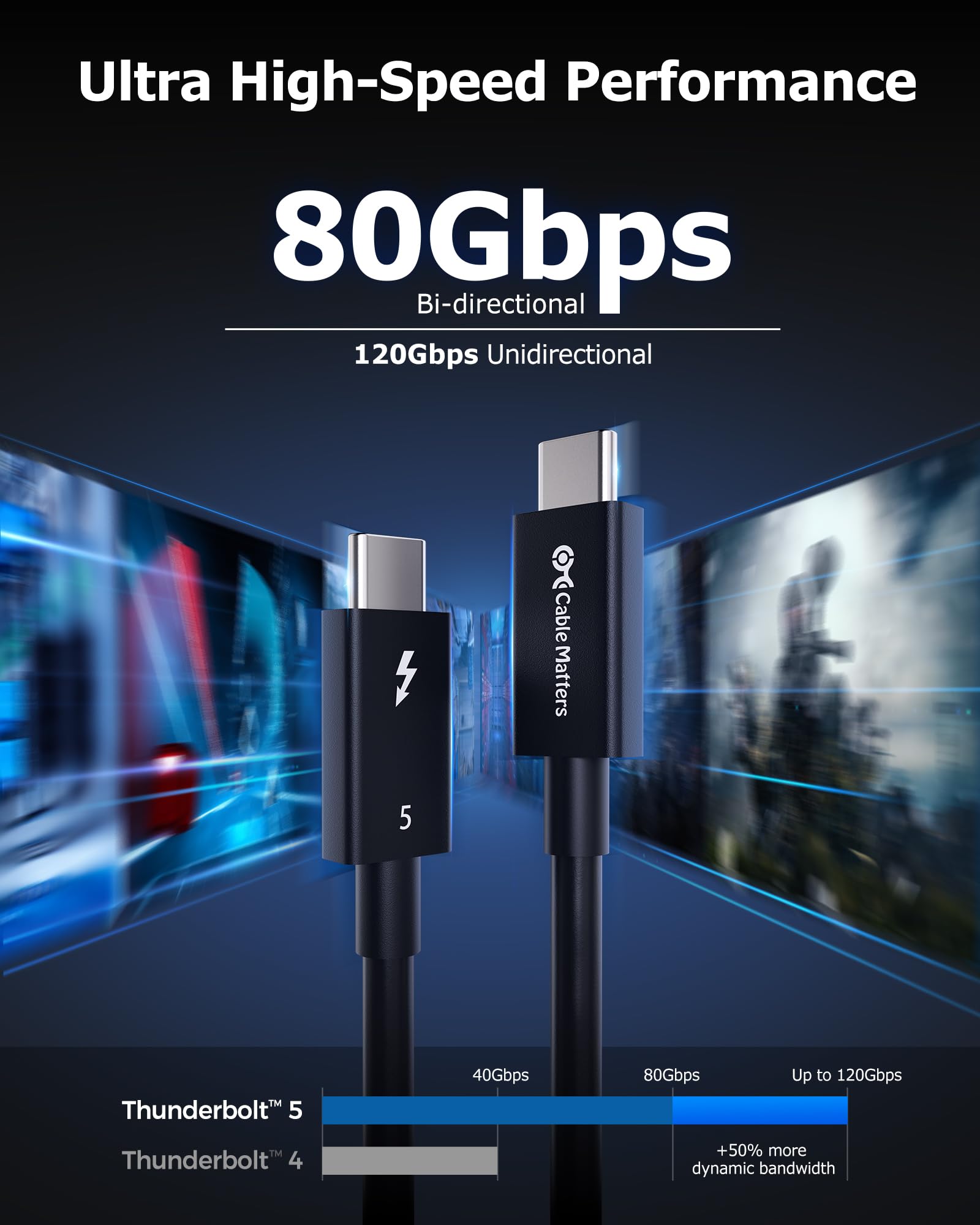 Cable Matters [Intel Certified] 80Gbps Thunderbolt 5 Cable with up to 120Gbps Bandwidth Boost and 240W Charging in Black   0.5m / 1.6ft, Compatible with Thunderbolt 4, USB4, Thunderbolt 3 and USB C