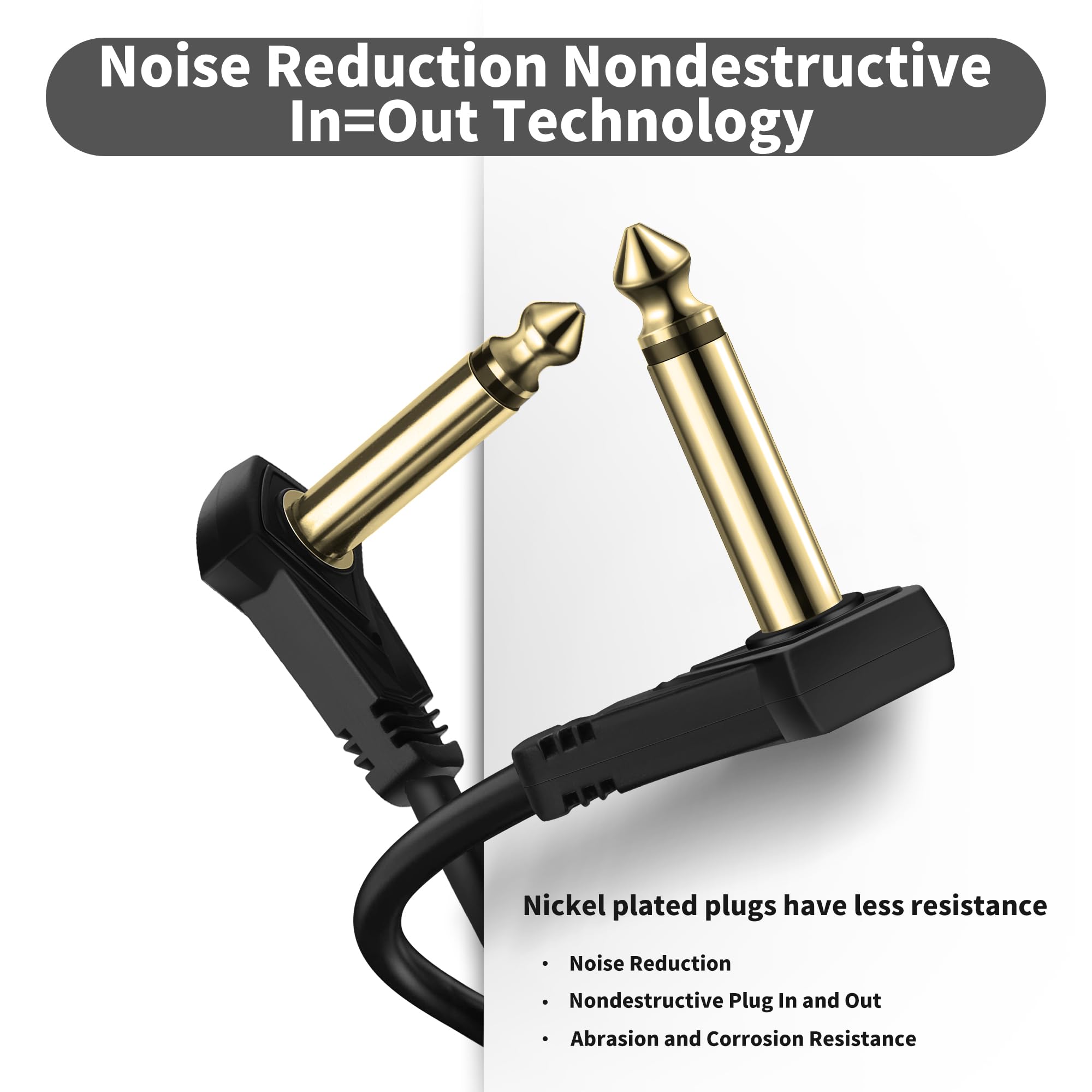 Augioth 6 Pack 12 Inch Guitar Patch Cables Gold Plug, 30 Cm Black Guitar Pedal Cable Effect Cable Cord, 1/4'' Inch Ts Low Profil