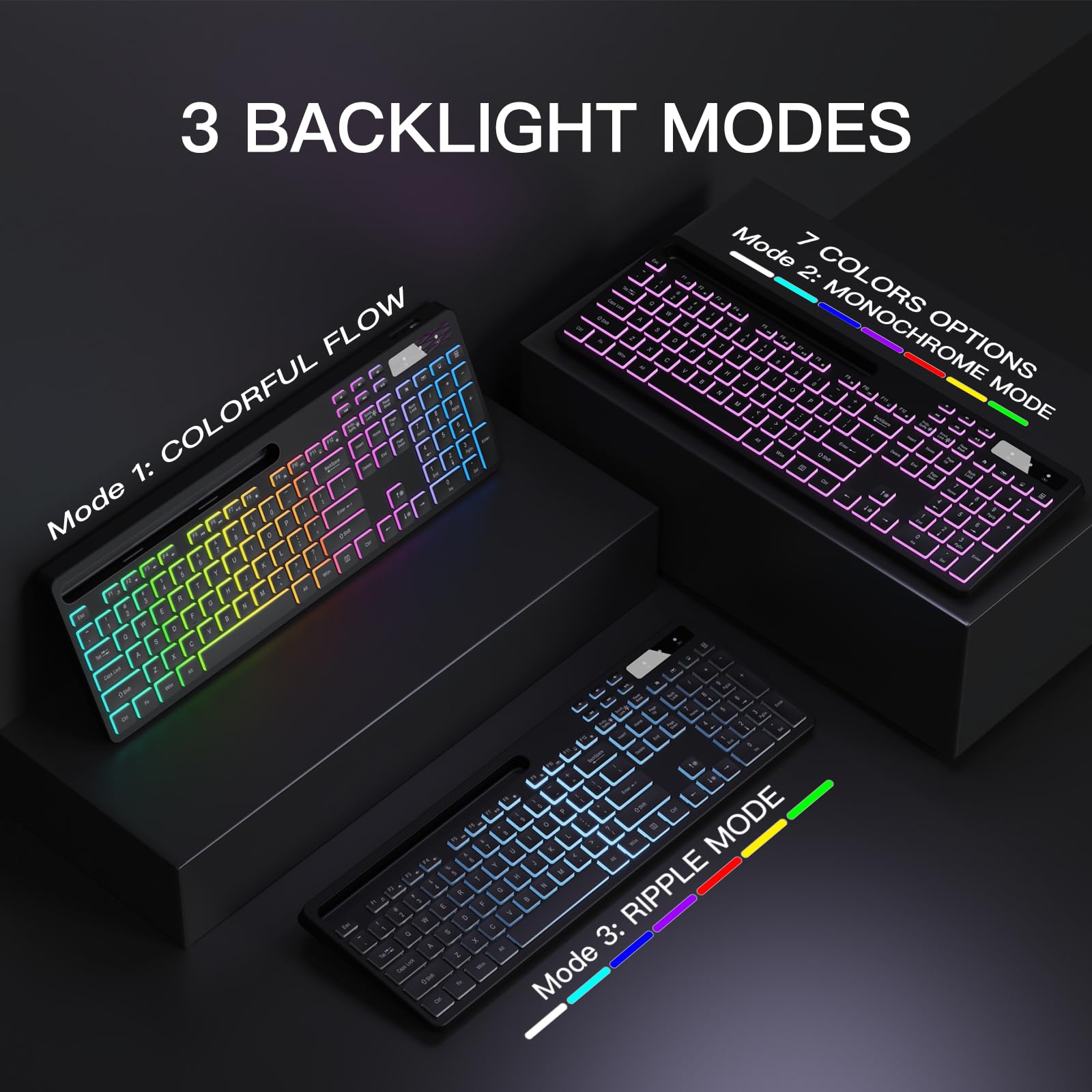 Soueto Wireless Keyboard With 7 Color Rgb Backlit, Full Size Computer Keyboard With Phone Tablet Holder, Rechargeable 2.4G Wirel