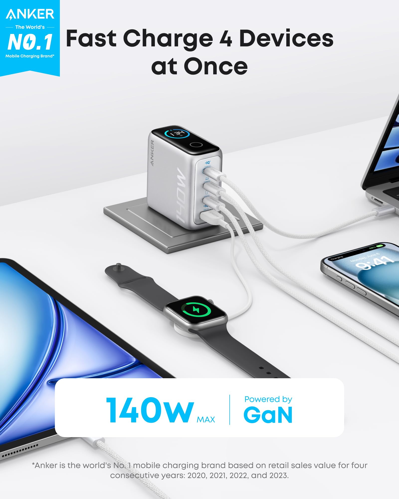 140W Usb C Charger, Anker Laptop Charger, 4 Port Multi Device Fast Charging, Advanced Gan Power Adapter, Intuitive Touch Control