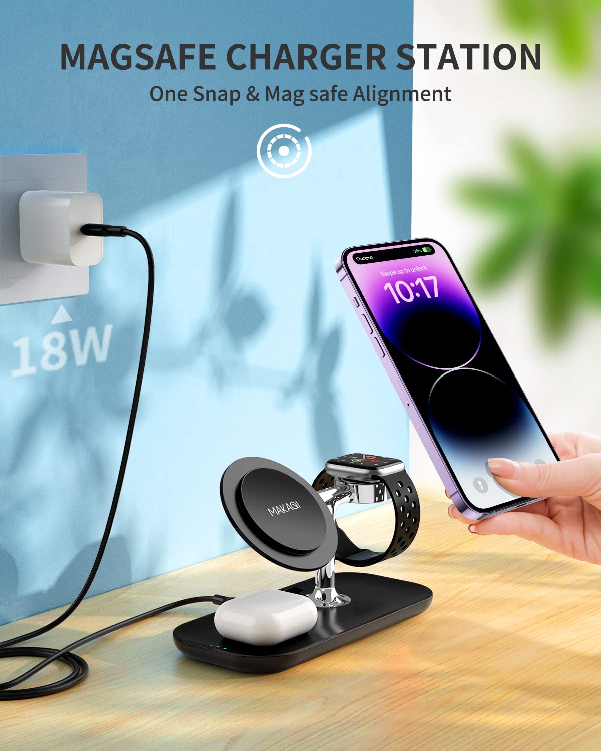 Makaqi 3 In 1 Mag Safe Charging Station, Wireless Charger Stand Compatible With Magsafe Charger Iphone 14/13/12, Fast Charging S