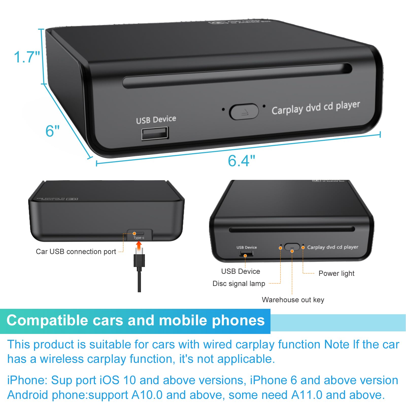 Flwlkeji Portable External Usb/Type C Cd Dvd Player For Car With Built In Wireless Carplay & Android Auto Adapter,Carplay Dvd Pl