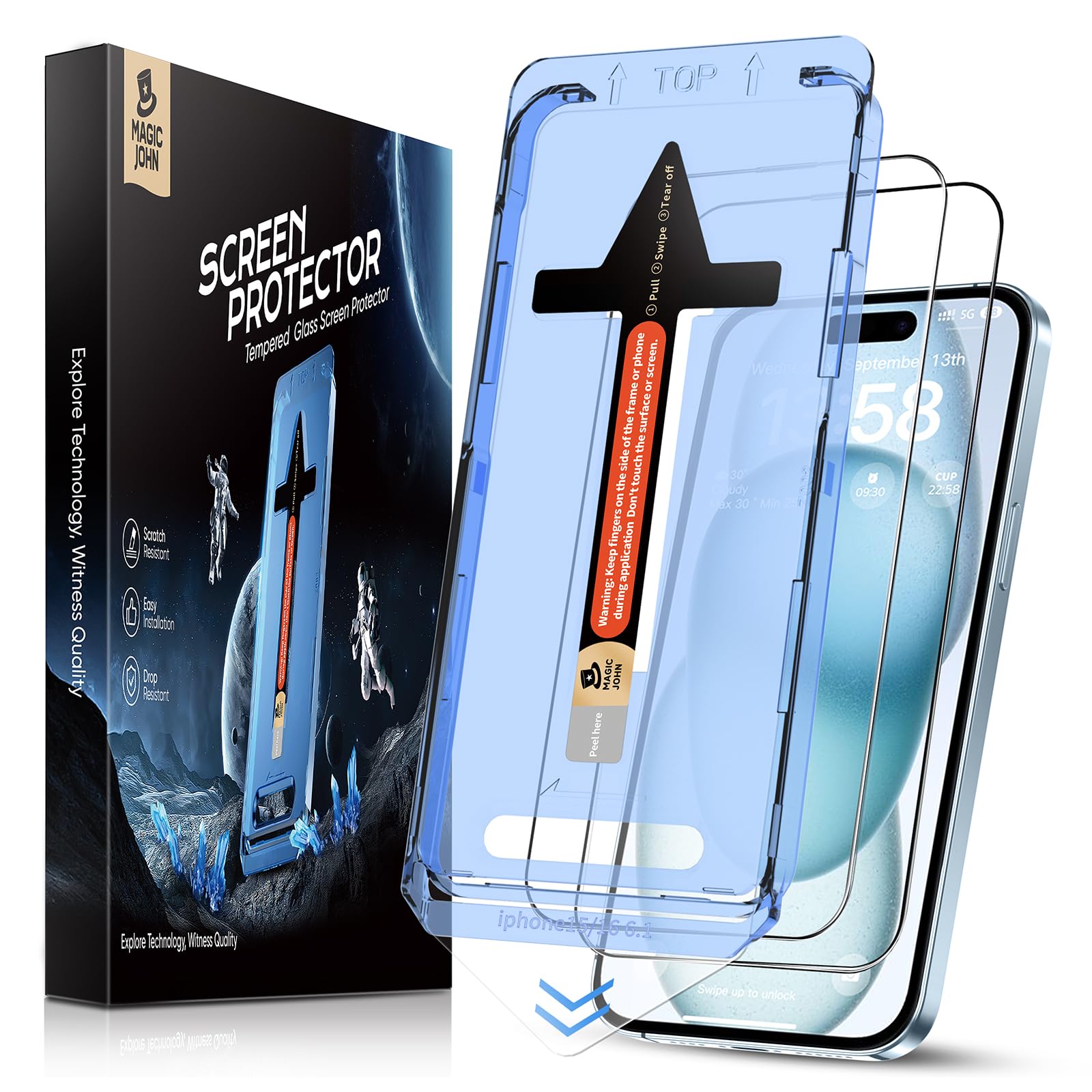 Magic John 2 Pack For Iphone 15 Tempered Glass Screen Protector 6.1 Inch, Auto Dust Elimination Installation, Bubble Free, Dynam