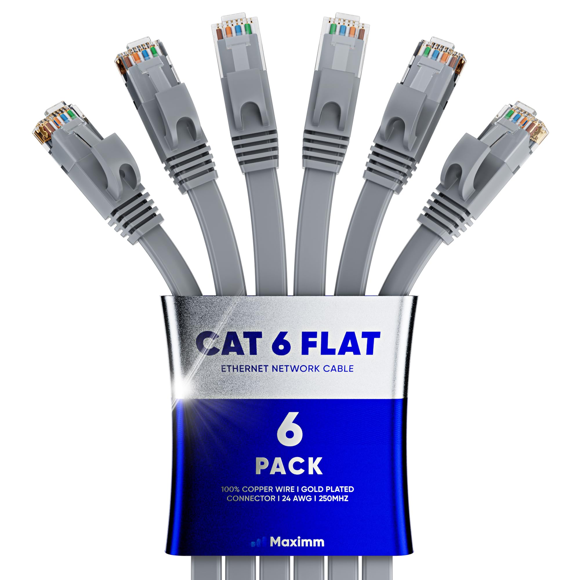 Cat 6 Ethernet Cable 12 Ft   With A Flat, Space Saving Design High Speed Internet & Network Lan Patch Cable, Rj45 Connectors   12Ft / Gray / 6 Pack   Perfect For Gaming, Streaming, And More