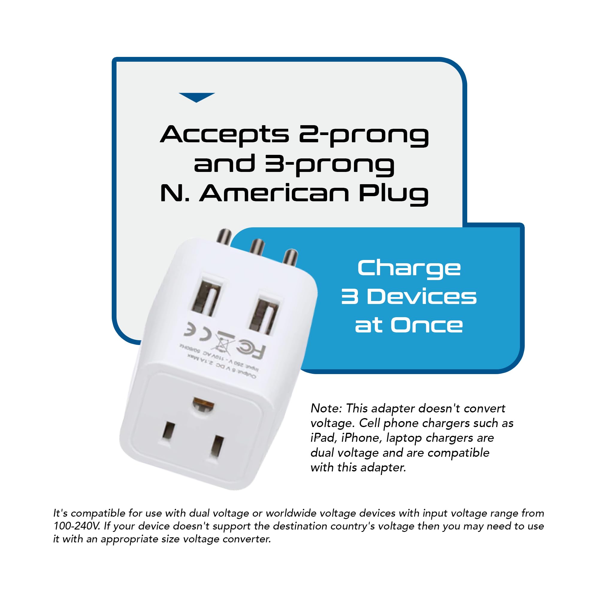 Ceptics Italy, Chile, Uruguay Travel Adapter Plug With Dual Usb   Usa Input   Type L   Ultra Compact   Perfect For Cell Phones,