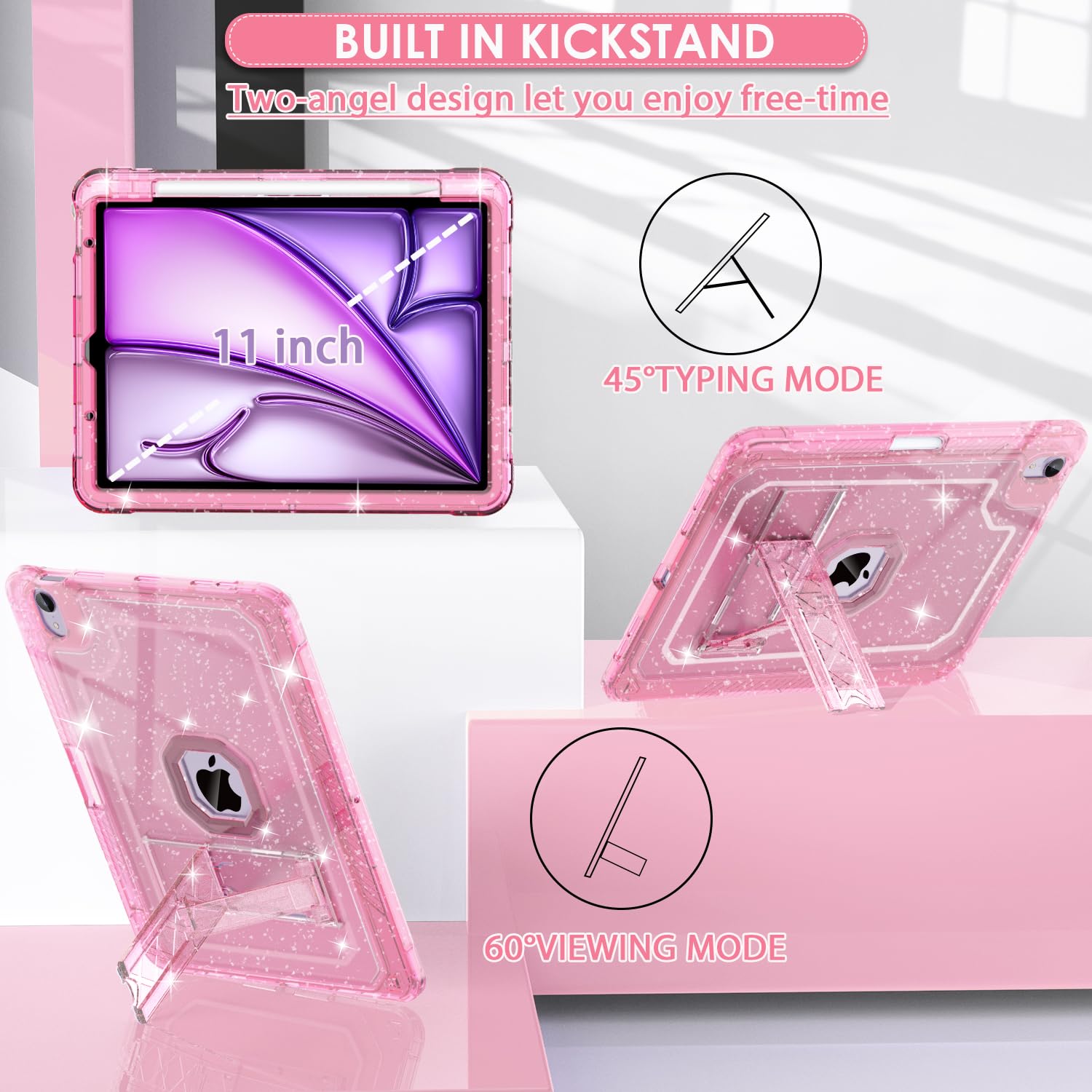 Zonefoker For Ipad Air 6Th 11 Inch M2 Generation Case 2024, Ipad 5Th/4Th 11 Inch 2022/2020, Pink Glitter Slim Cover With Pencil