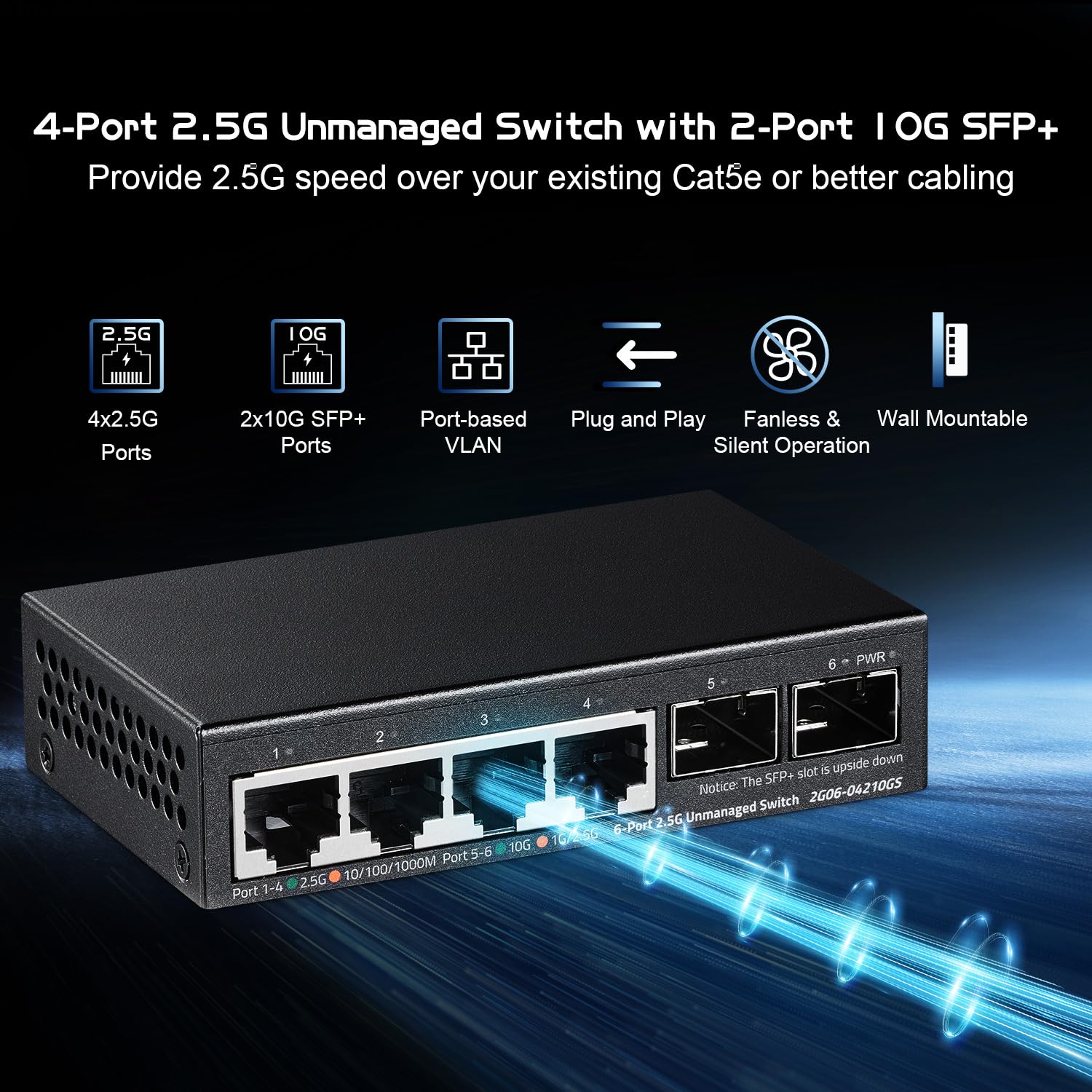 Binardat 4 Port 2.5G Switch With 2X10G Sfp, 4X2.5 Gigabit Ethernet Ports, Ultra Mini Size, Support Vlan, Metal Unmanaged Multi G