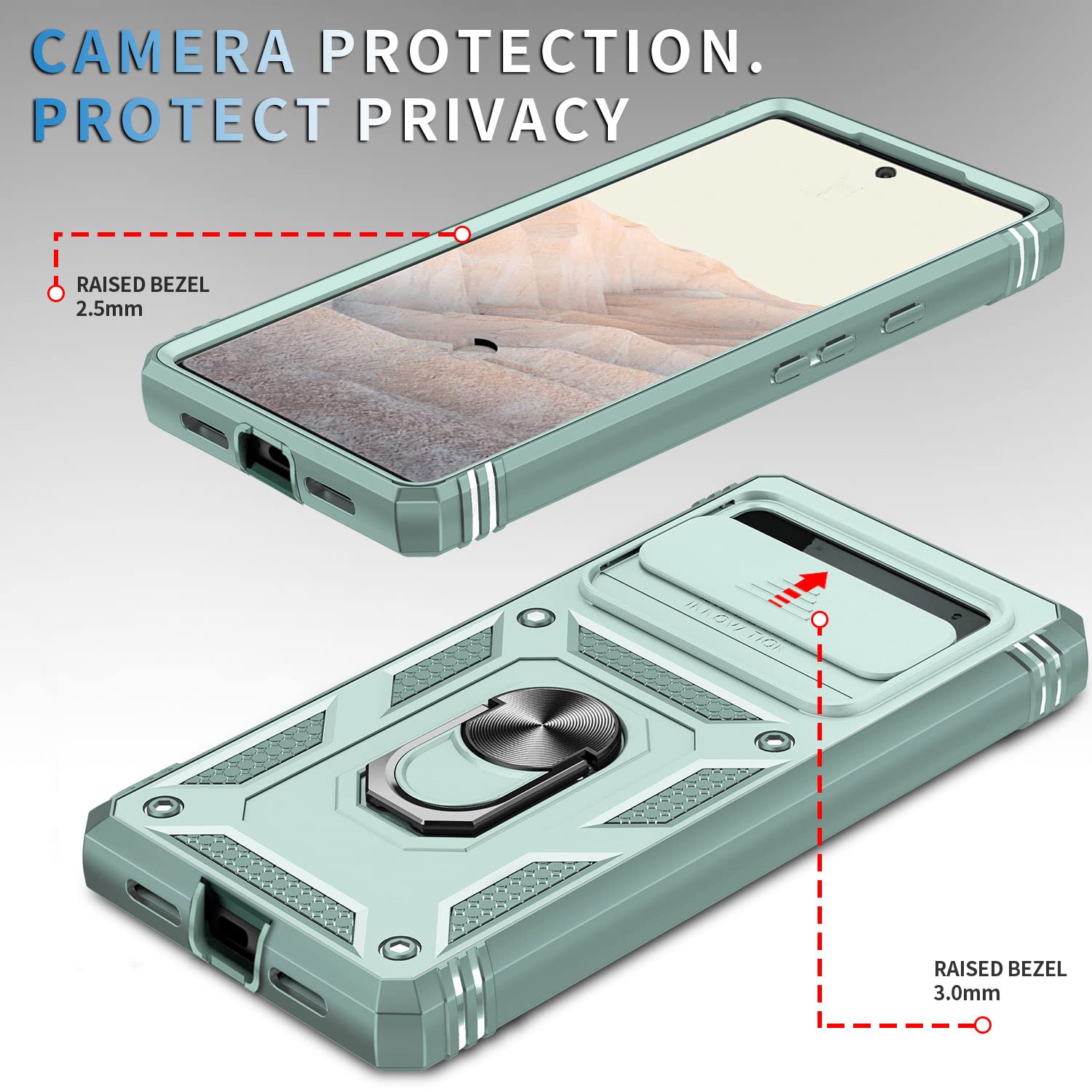 Fetrim Case For Google Pixel 6 Pro, Camera Cover Phone Case With Rotation Ring Stand For Google Pixel 6 Pro   Green