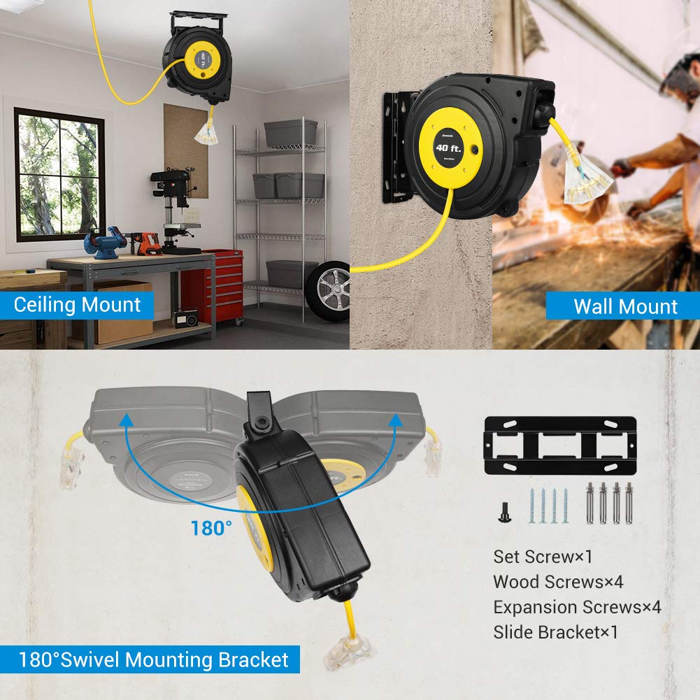 Dewenwils 40Ft Retractable Extension Cord Reel, Heavy Duty Power Cord Reel With 3 Lighted Triple Outlets, 12Awg/3C Sjtow Cord, 1