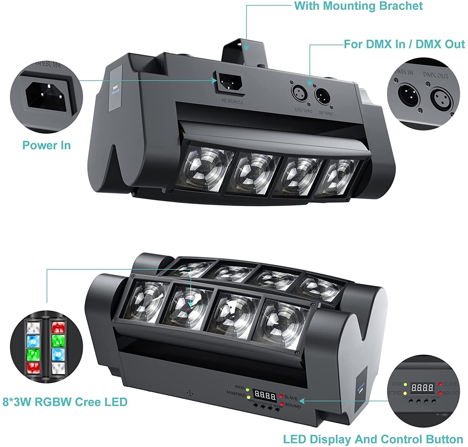 Seven Stars Moving Head Dj Light, 8 Beams Spider Led Stage Light, Master Slave/Dmx/Sound/Auto Control Modes, Rgbw 4 In 1 Spotlig