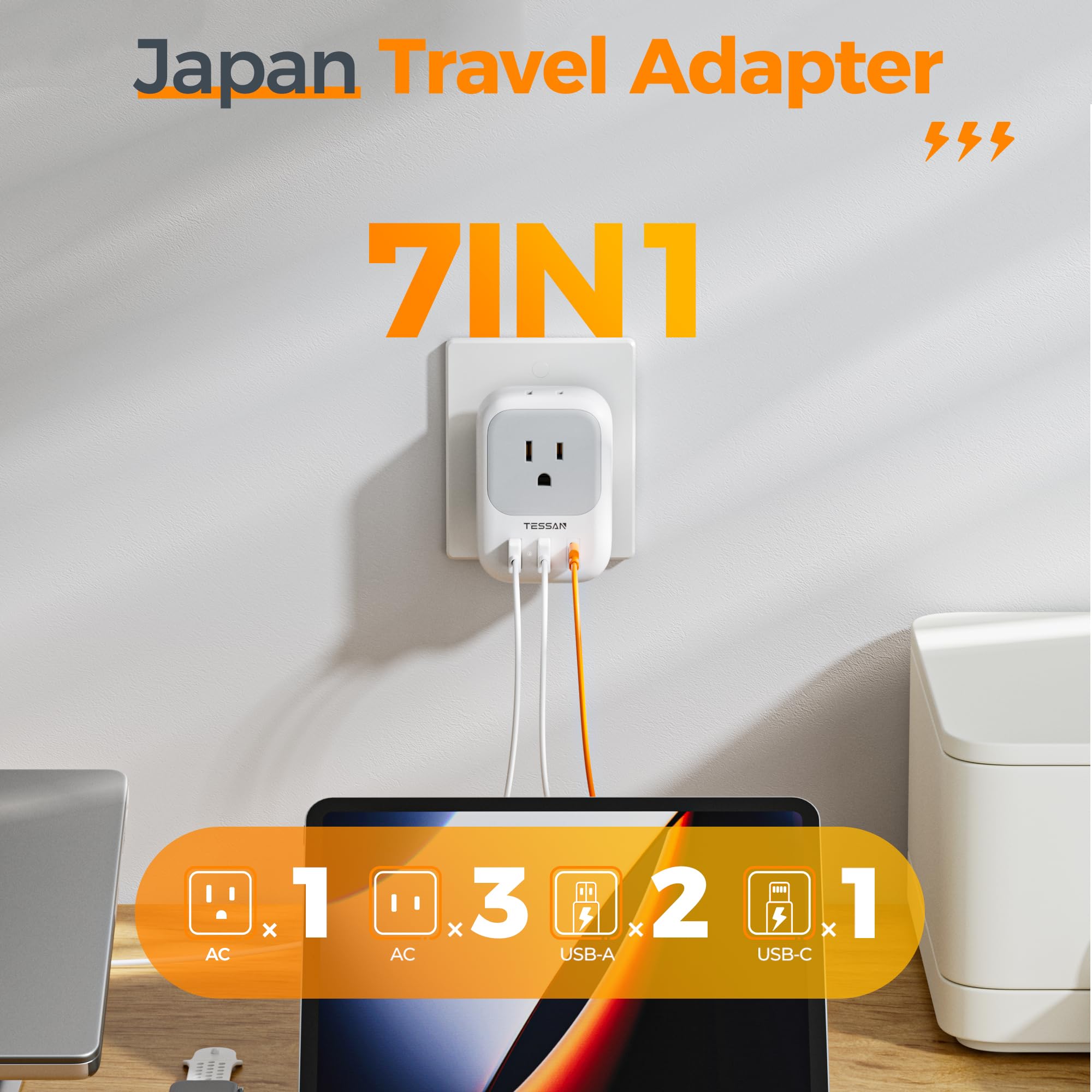 Tessan 2 Prong To 3 Prong Adapter, Multi Plug Outlet Extender With 4 Outlets 3 Usb Ports(1 Usb C), Type A Travel Converter For U