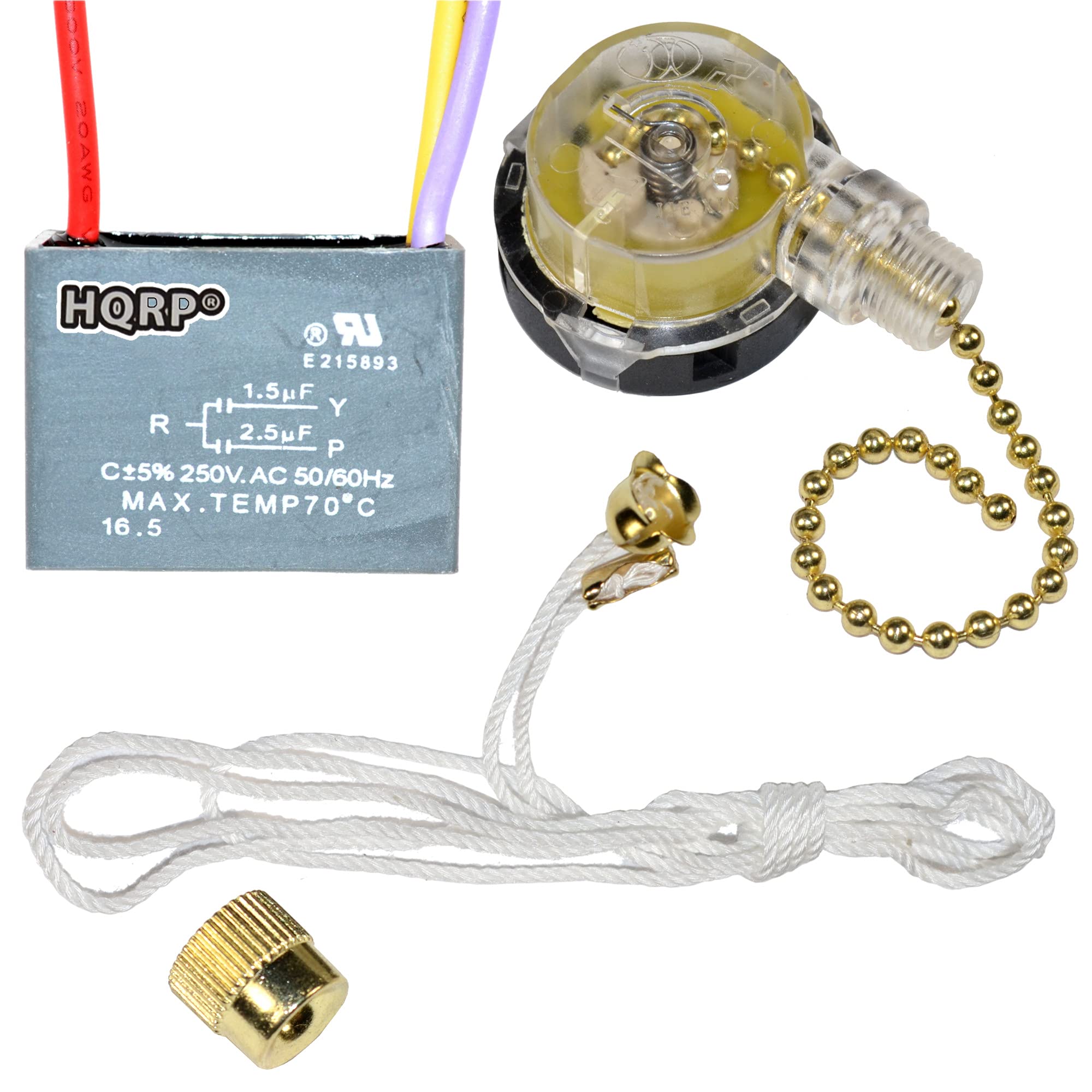 Hqrp Kit Ceiling Fan Capacitor Cbb61 1.5Uf+2.5Uf 3 Wire Ul Listed And 3 Speed Fan Switch