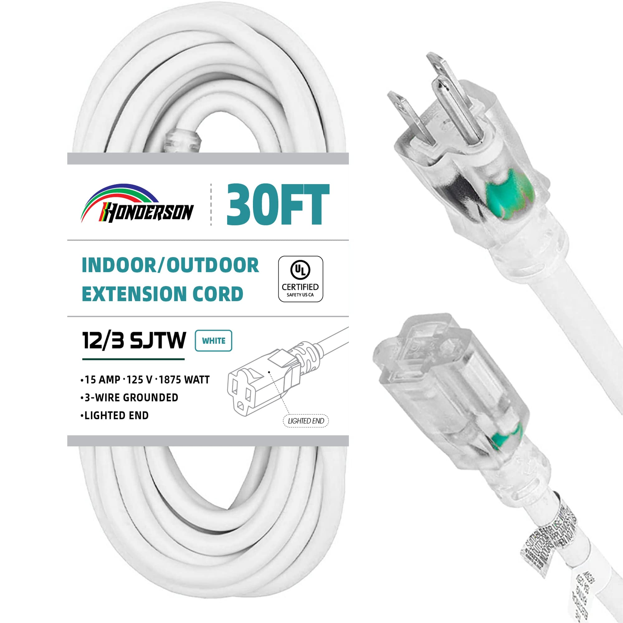 Honderson Indoor Outdoor Extension Cord Weatherproof With Lighted End, Ul Listed, 12 Gauge 30Ft White 3 Prong Heavy Duty Extensi
