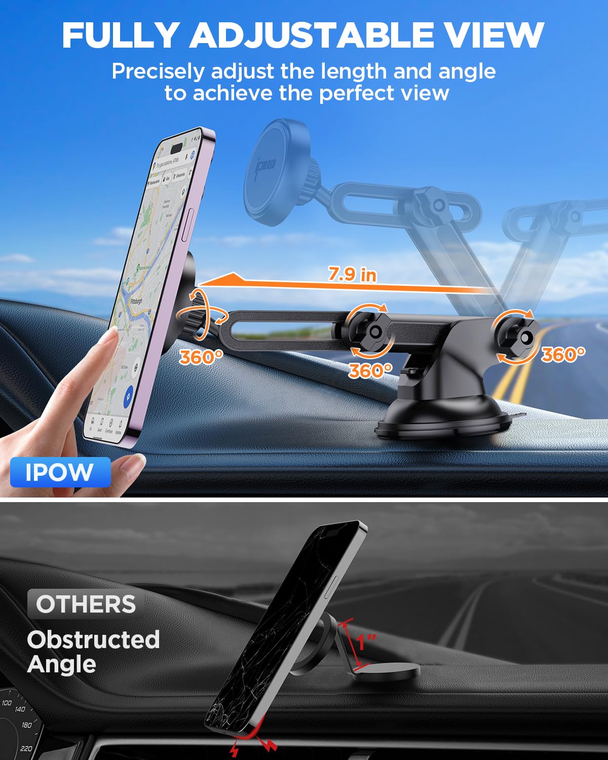 Ipow Magnetic Car Mount - Dashboard & Windshield Phone Holder For Iphone 14/13/12 Series, Tap & Secure Mount, Black