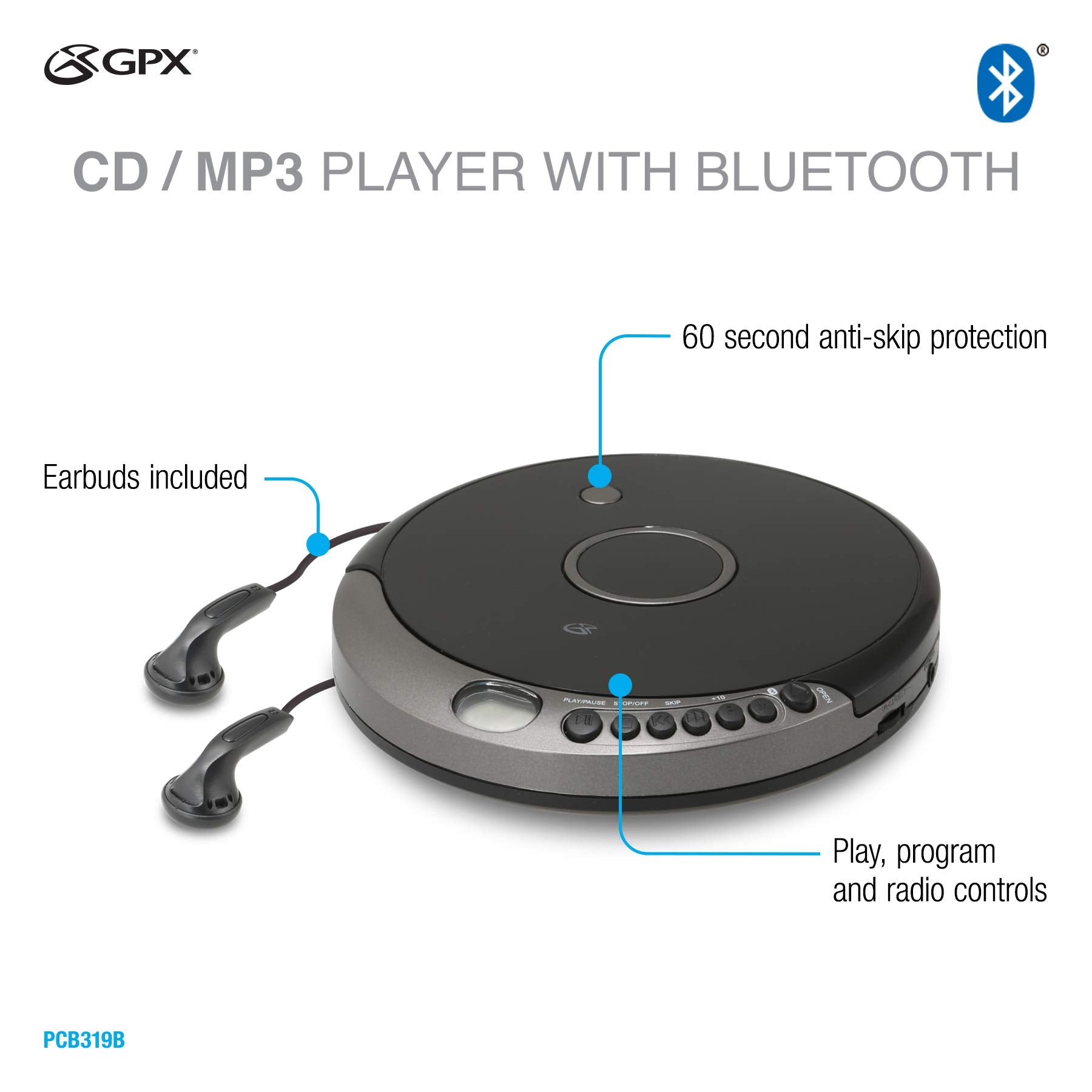 Gpx Pcb319B Portable Cd Player With Bluetooth, Includes Stereo Earbuds, Black
