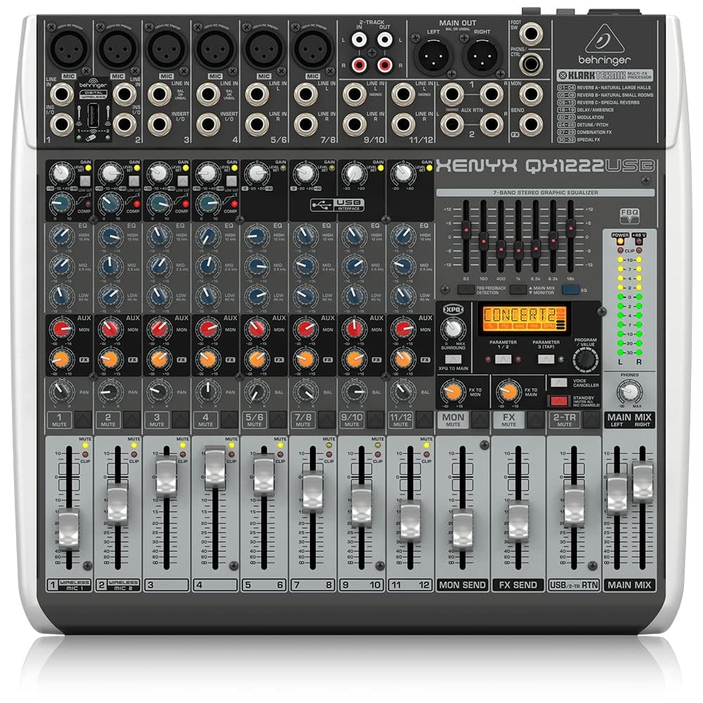 Behringer XENYX QX1222USB Premium 16-Input 2/2-Bus Mixer with XENYX Mic Preamps and Compressors, Klark Teknik Multi-FX Processor