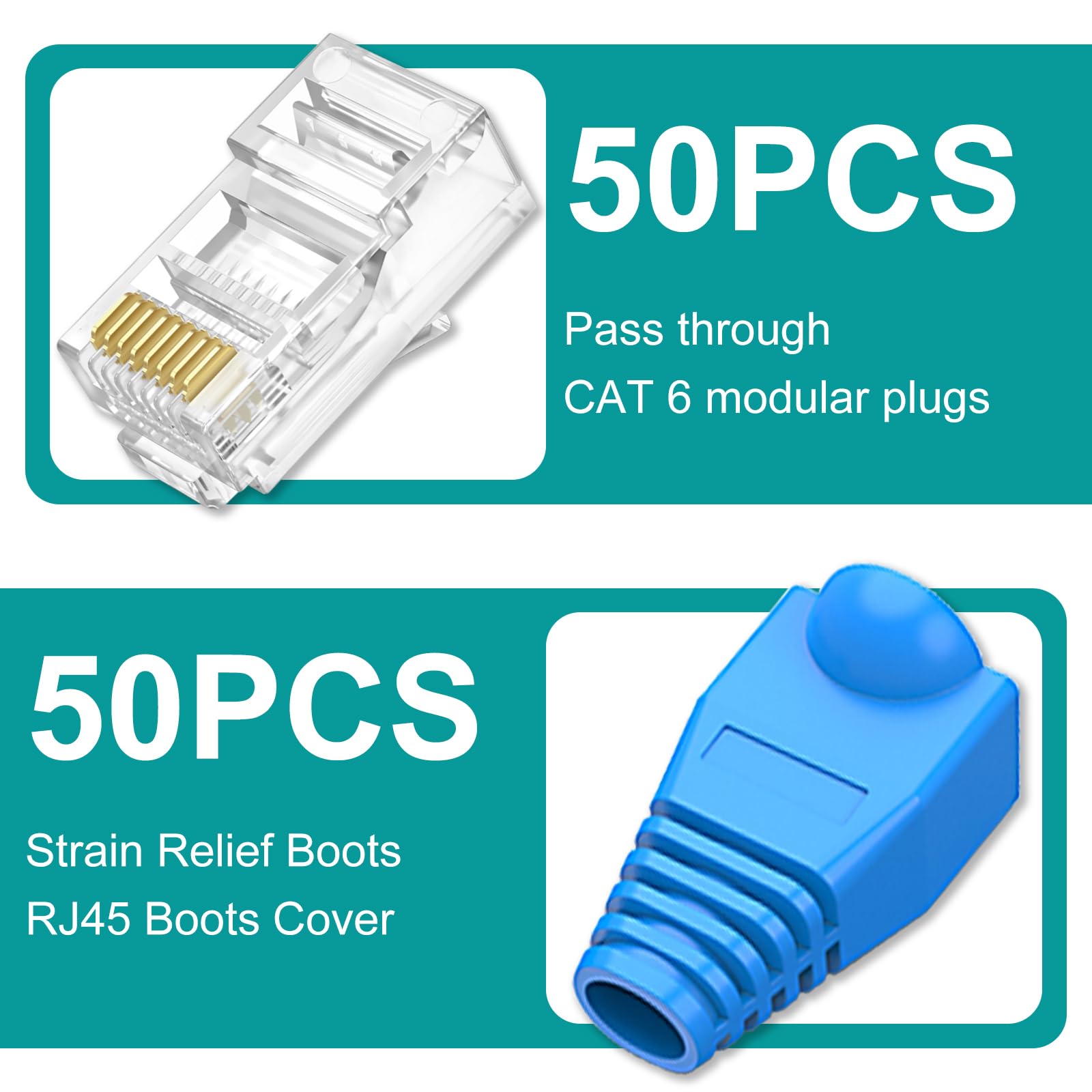 Brileine Utp Rj45 Connectors, Cat6 Rj45 Pass Through Plugs 50 Pack, Cat6 Rj45 Plugs With 50 Pack Strain Relief Boots For Solid O