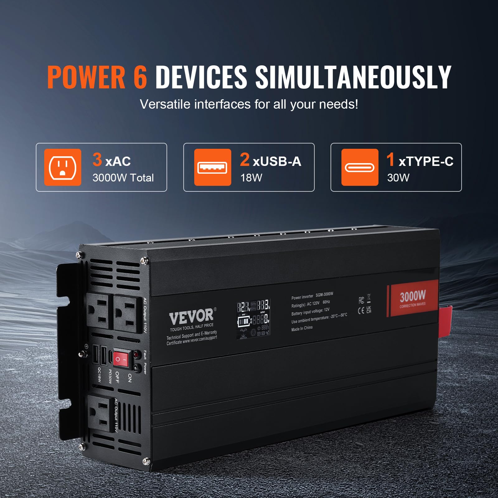 Vevor Modified Sine Wave Inverter, 3000Watt Power Inverter Dc 12V To Ac 120V Lcd Display With 3 Ac Outlets 2 Usb Port 1 Type-C P