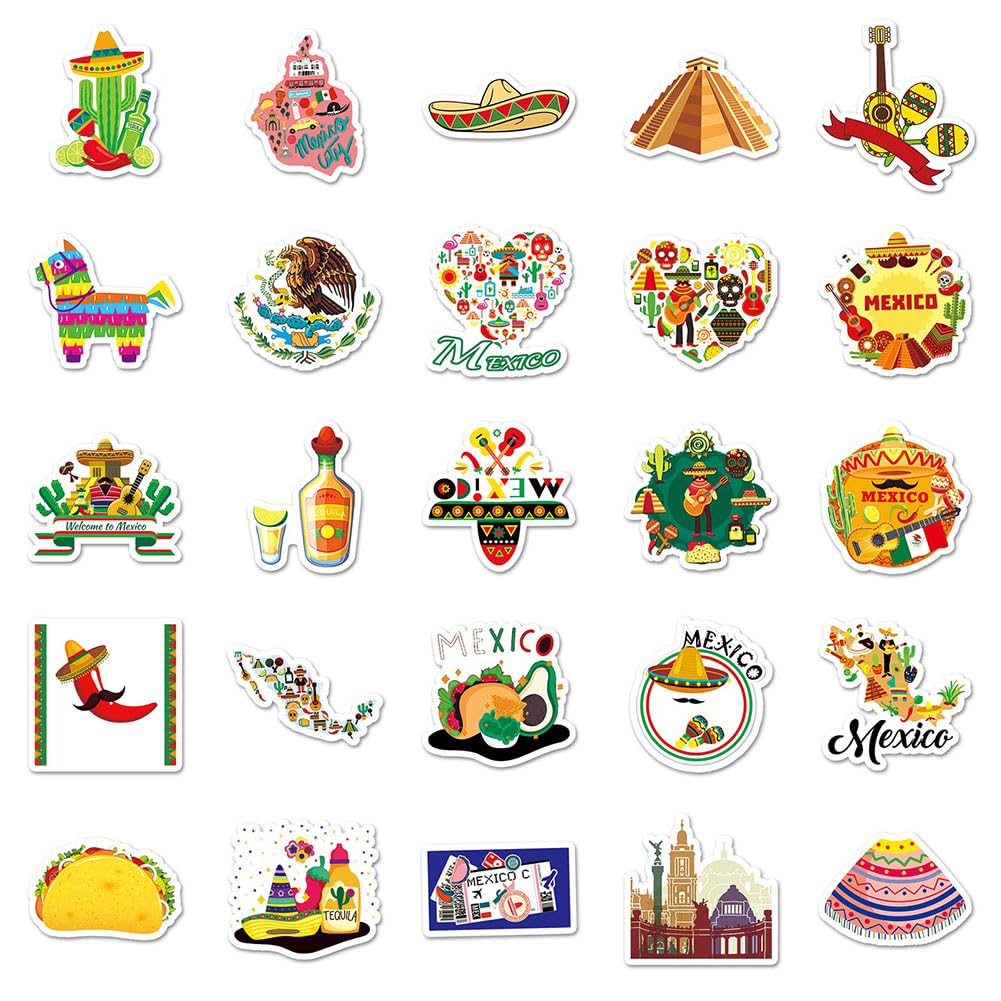 Mexico Stickers |50Pcs Mexican Waterproof Vinyl Decals For Water Bottles Laptop Luggage Cup Mobile Phone Computer Skateboard Ref