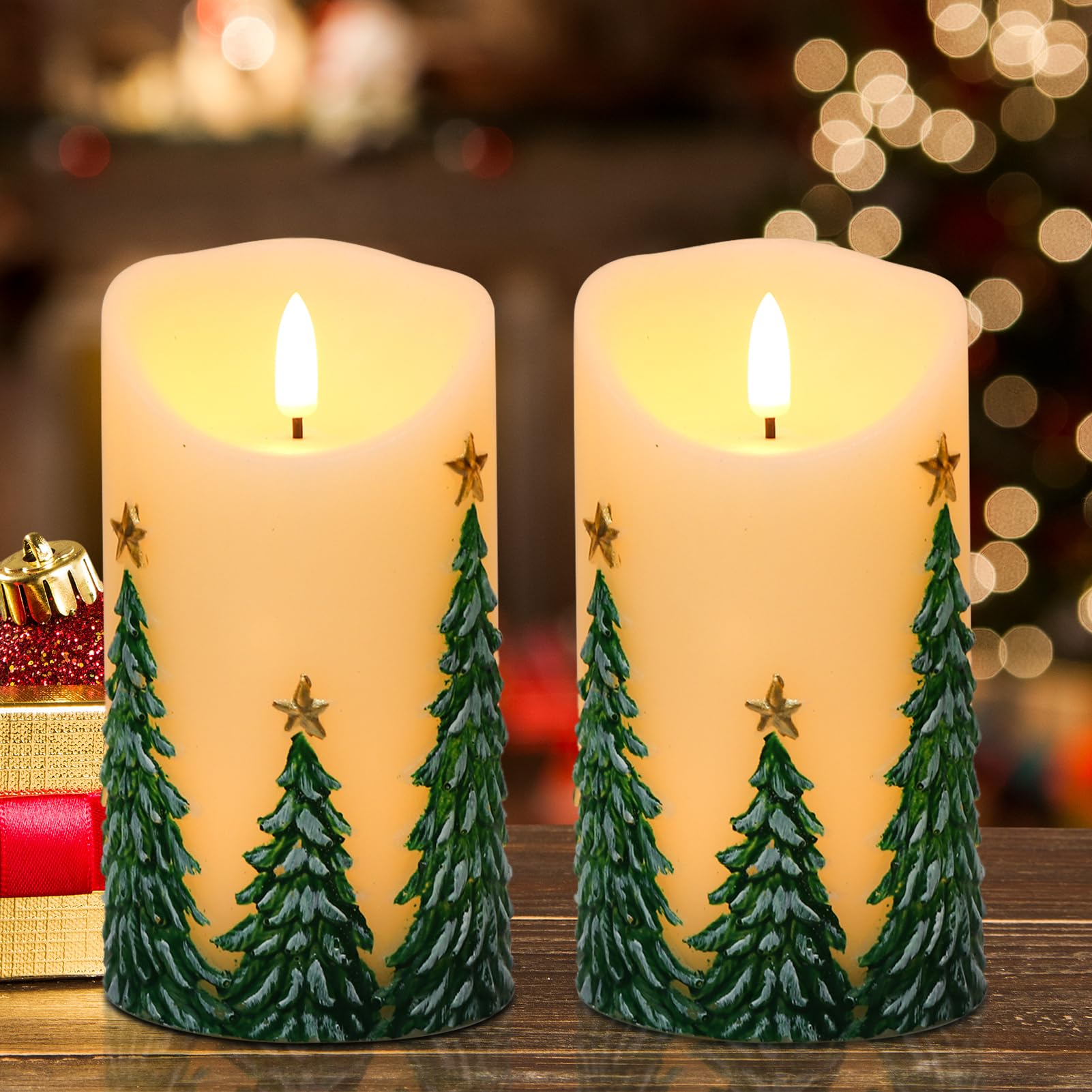 Eldnacele Christmas Flameless Candles with 6 Hour Timer Battery Operated Hand Painted Christmas Tree Real Wax 3D Wick Flickeirng