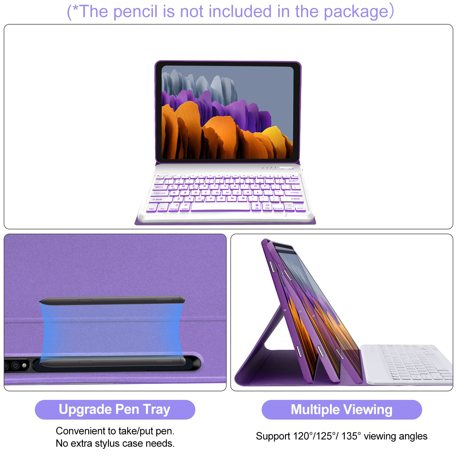 Galaxy Tab S7 Fe Keyboard Case 12.4''  7 Color Backlight Detachable Wireless Keyboard, Slim Multi Angle Cover With S Pen Holder
