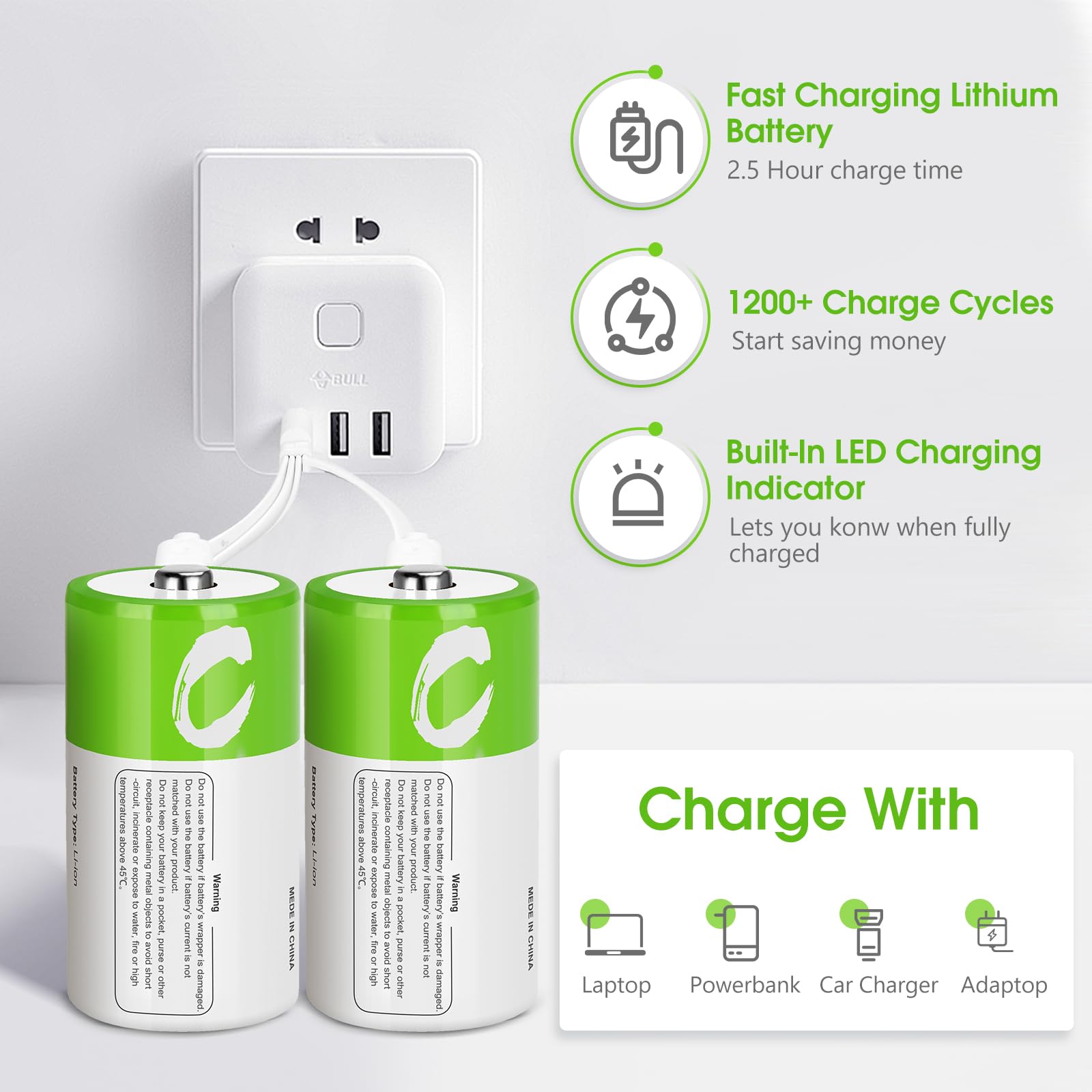 Temibatt Rechargeable C Batteries 8 Pack With 4 In 1 Usb-C Charge Cable,Lr14 1.5V 5000Mwh Li-Ion C Batteries Replacement For Flo
