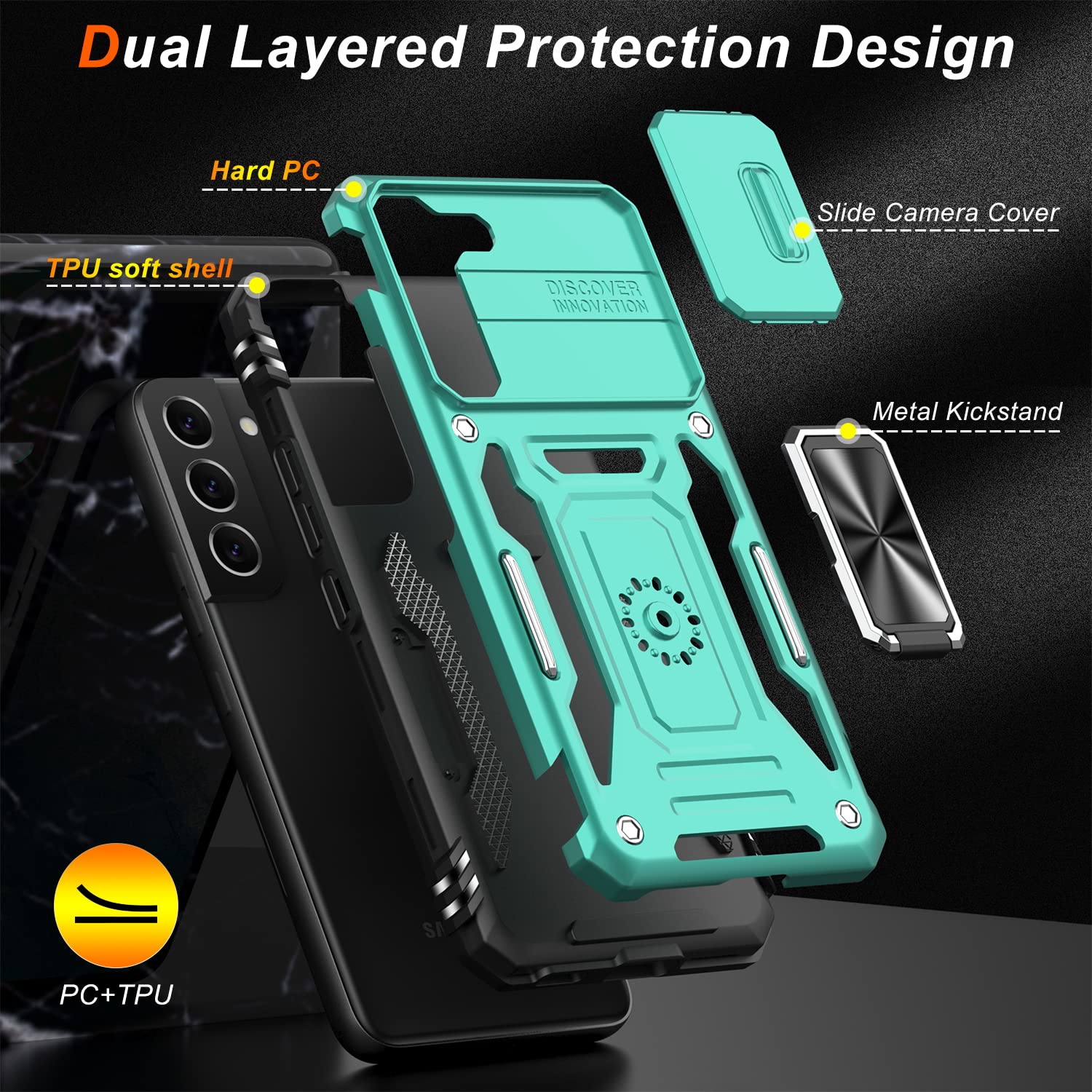 LUMARKE Phone Case for Samsung Galaxy S22 Plus with Camera Cover Kickstand Military Grade Plastic Turquoise