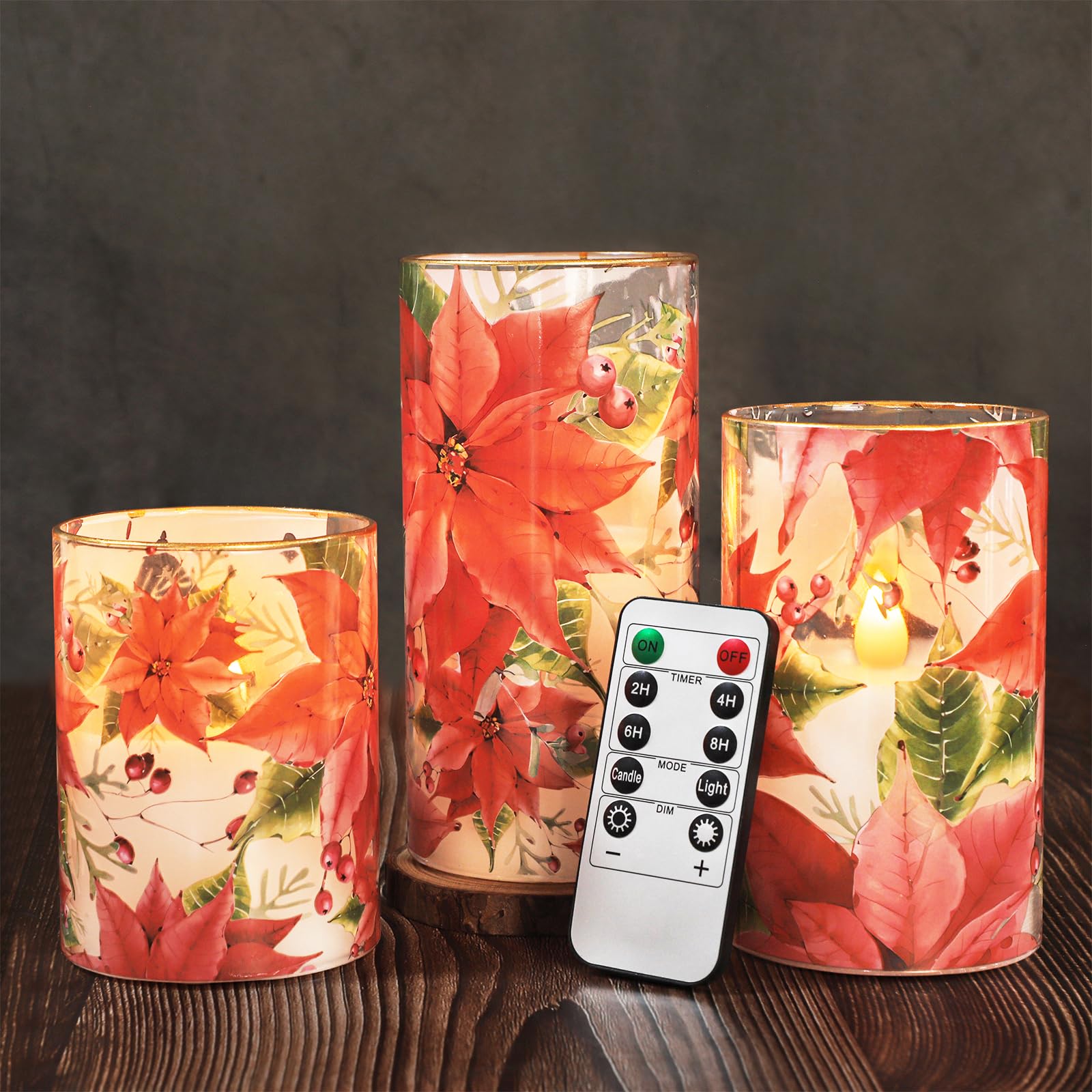Crystal Club Red Poinsettia Christmas Flameless Candles With Remote, Battery Operated Led Pillar Candles, Real Wax & Glass 3D Fl